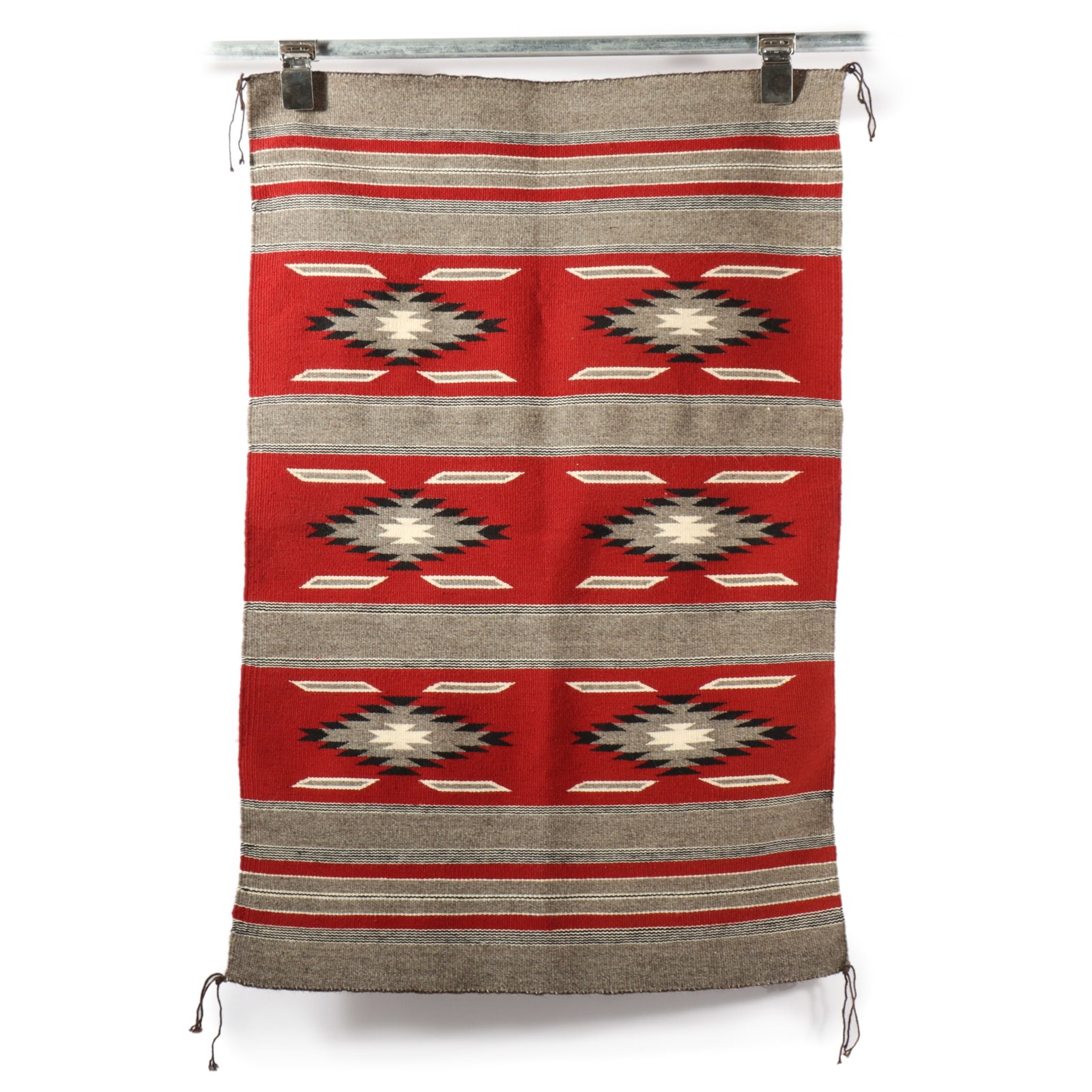 Navajo Native American wool rug / blanket weaving with traditional banded pattern in red, gray,: Navajo Native American wool rug / blanket weaving with traditional banded pattern in red, gray, black, and white. 36 3/4"H x 24"W