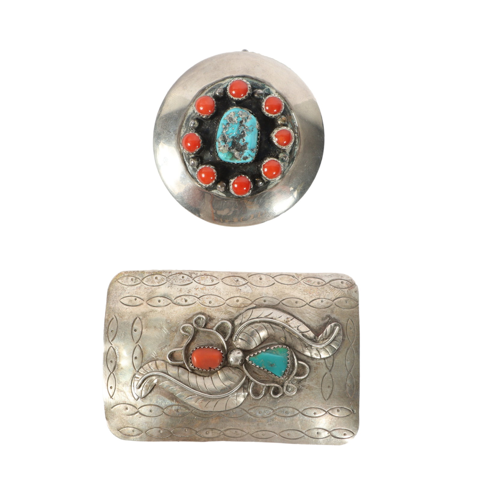 E. Bickle signed Native American brooch / pendant with coral cabochons and turquoise, with Native: E. Bickle signed Native American brooch / pendant with coral cabochons and turquoise, with Native American belt buckle with silver leaves, coral and turquoise stones. 2"H x 3"W (buckle)