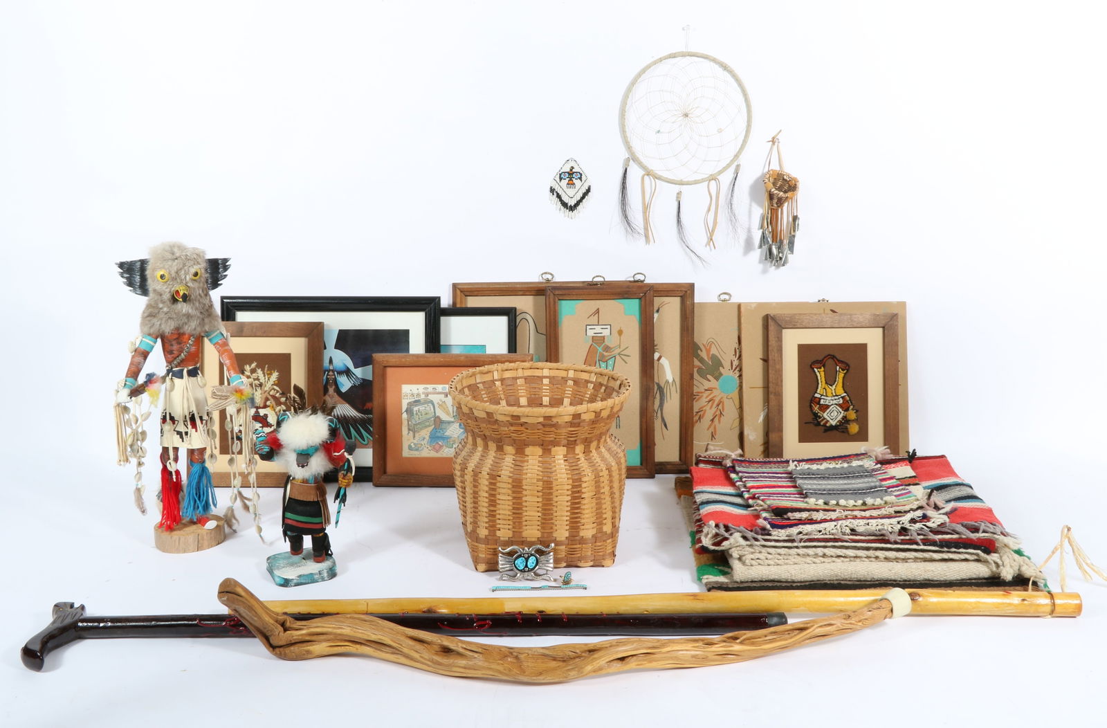 Trading Post Collection of Native American objects: including 12k GF ring with turquoise stone,: Trading Post Collection of Native American objects: including 12k GF ring with turquoise stone, Southwestern / Navajo rug weavings, Kachina dolls, sand art paintings, walking sticks/canes, signed silv