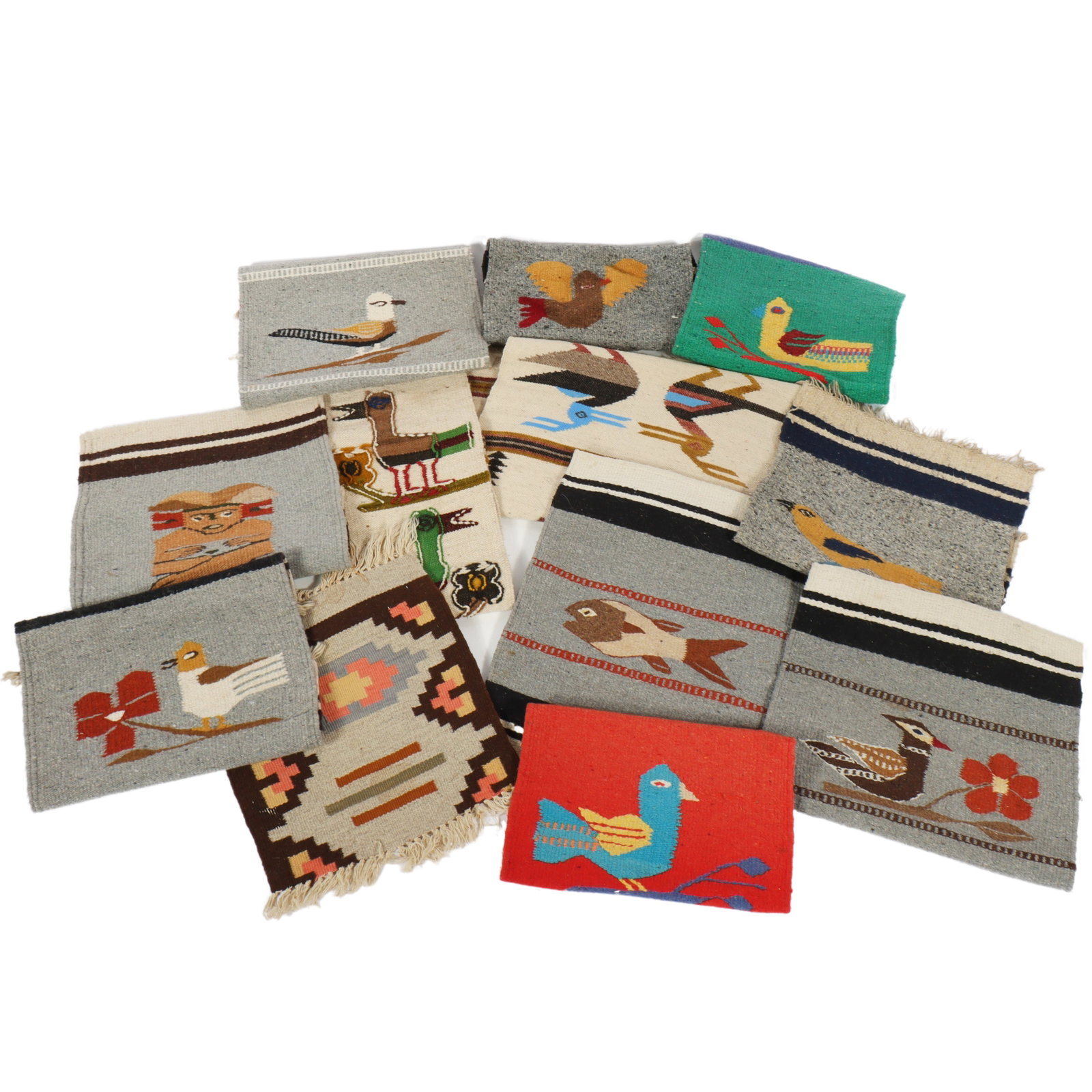 Lot of 12 Mexican Zapotec small blanket, mat, and rug weaving with assorted fish and bird motif: Lot of 12 Mexican Zapotec small blanket, mat, and rug weaving with assorted fish and bird motif designs 43"H x 16 1/2"L (long textile in last photo)