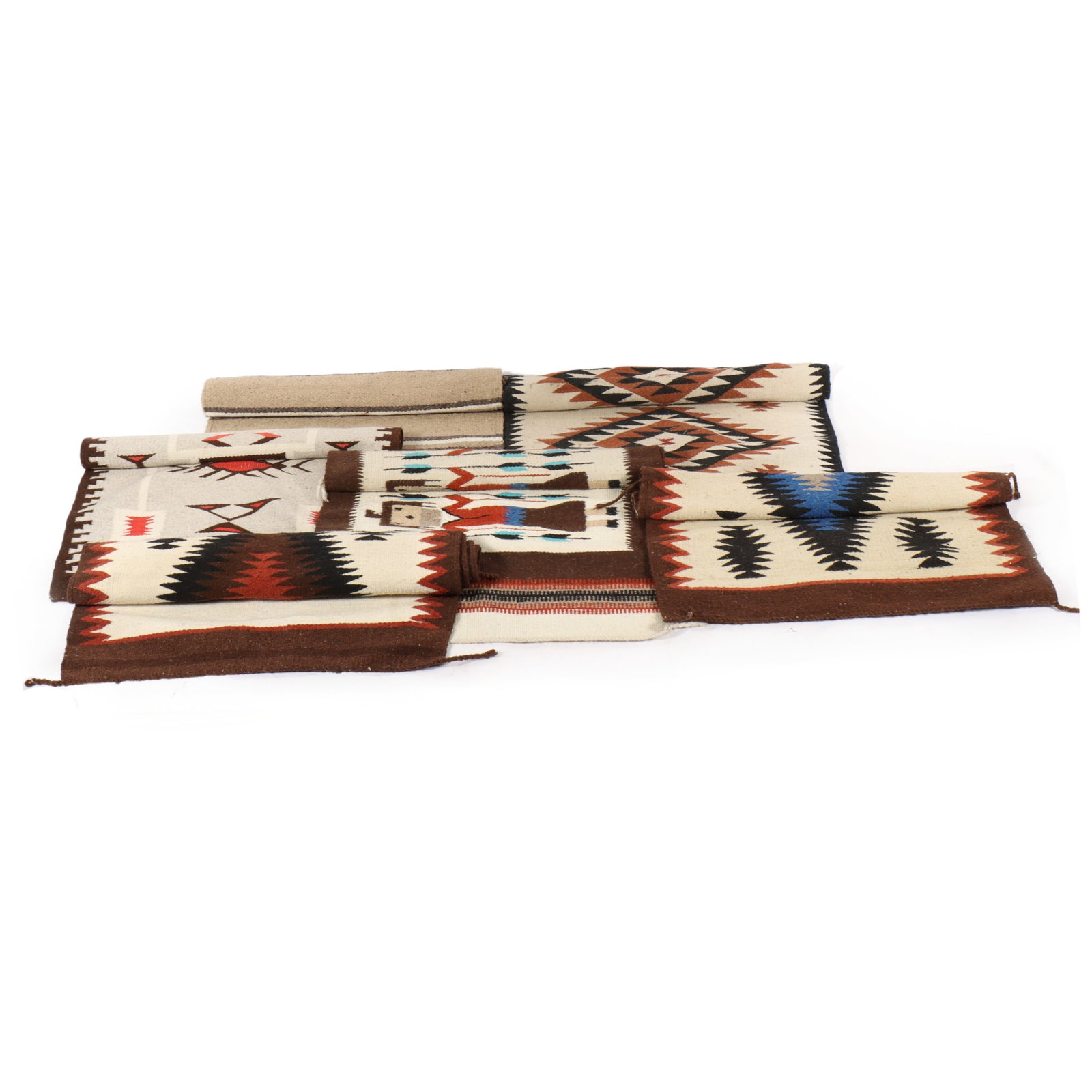 Lot of 6 Native American Southwestern, Mexican, Oaxacan Zapotec, Yei blanket / rug weavings. 58" x: Lot of 6 Native American Southwestern, Mexican, Oaxacan Zapotec, Yei blanket / rug weavings. Shows wear and stains. 58" x 30" (black trim)