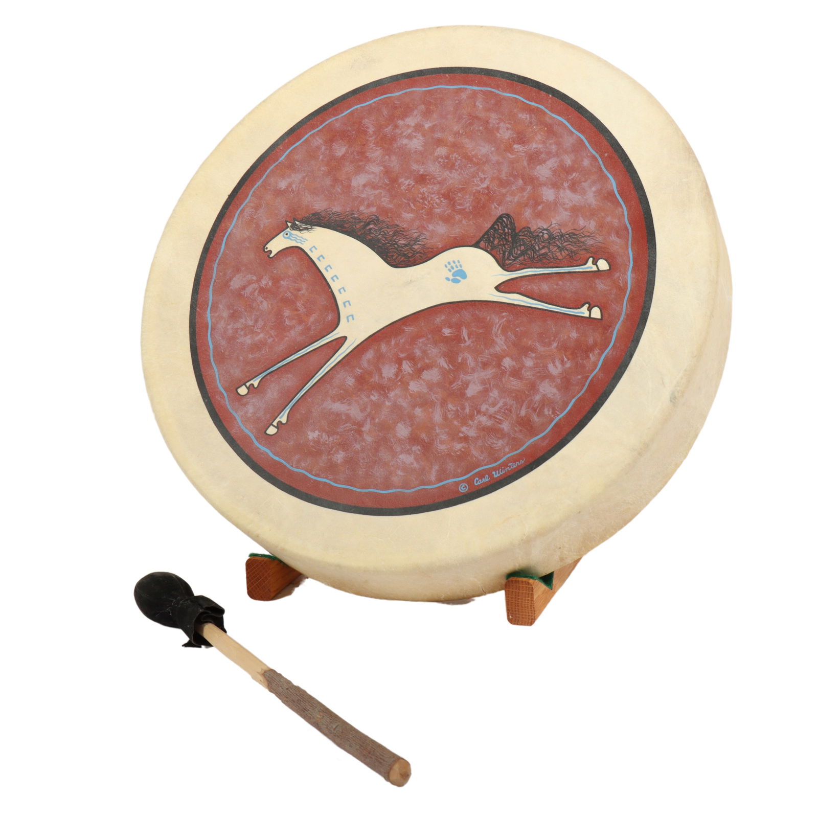 Carl Winters Lakota Native American painted hide horse drum on stand with mallet. 15 3/4"Diameter x: Carl Winters Lakota Native American painted hide horse drum on stand with mallet. 15 3/4"Diameter x 3"W