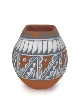 Native American Jamez Pueblo, Mary Small clay jar, IACA Artist of the Year. 5 3/4"H x 5"Diam.: Native American Jamez Pueblo, Mary Small clay jar, IACA Artist of the Year. signed under base. Vessel has a square lip rimmed with eagle feather design. Native American potter and sculptor Mary Small,
