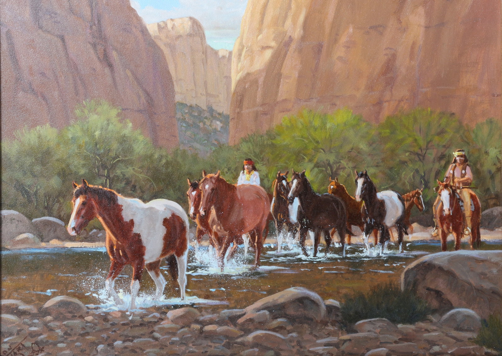 Ron Stewart, Arizona (b. 1951), High Canyon Walls, oil on board, 11 3/8"H x 15 3/8"W (sight), 18: Ron Stewart Arizona (b. 1951) High Canyon Walls oil on board Signed lower left. Titled and signed verso. Biography from CulturalPatina: Ron Stewart is a painter and sculptor of western, historical, wi