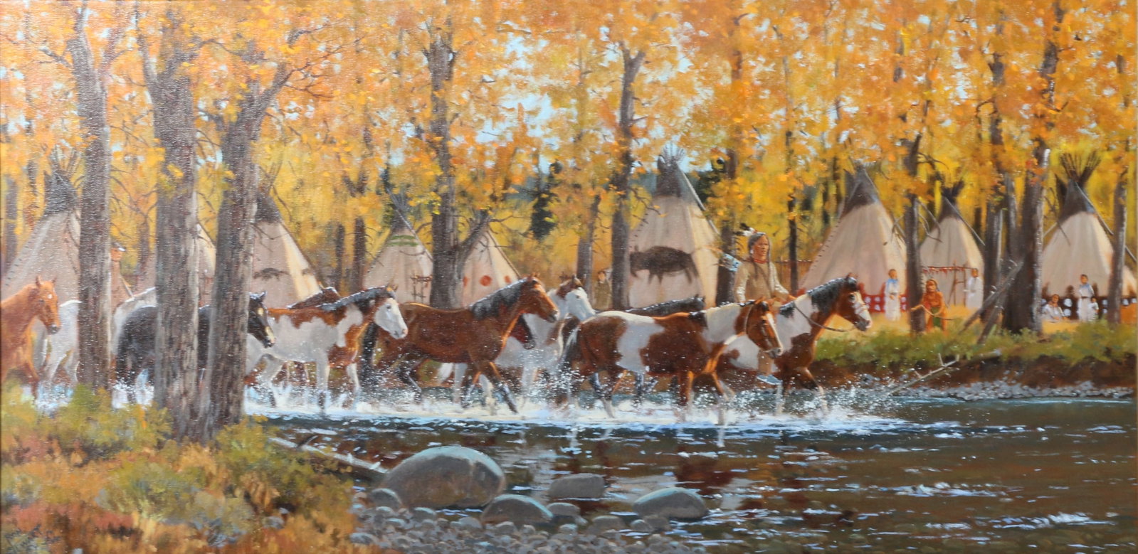 Ron Stewart, Arizona (b. 1941), Ponies of Autumn, oil on canvas, 14 5/8"H x 29 5/8"W (sight), 21: Ron Stewart Arizona (b. 1941) Ponies of Autumn oil on canvas Signed lower left. Biography from the Archives of askART: Ron Stewart is a painter and sculptor of western, historical, wildlife, and anima