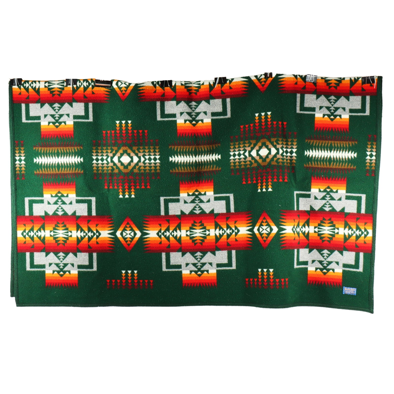 Vintage Pendleton wool blanket in green, orand, grey, and white. 77 1/2"H x 64"W: Vintage Pendleton wool blanket in green, orand, grey, and white. 77 1/2"H x 64"W