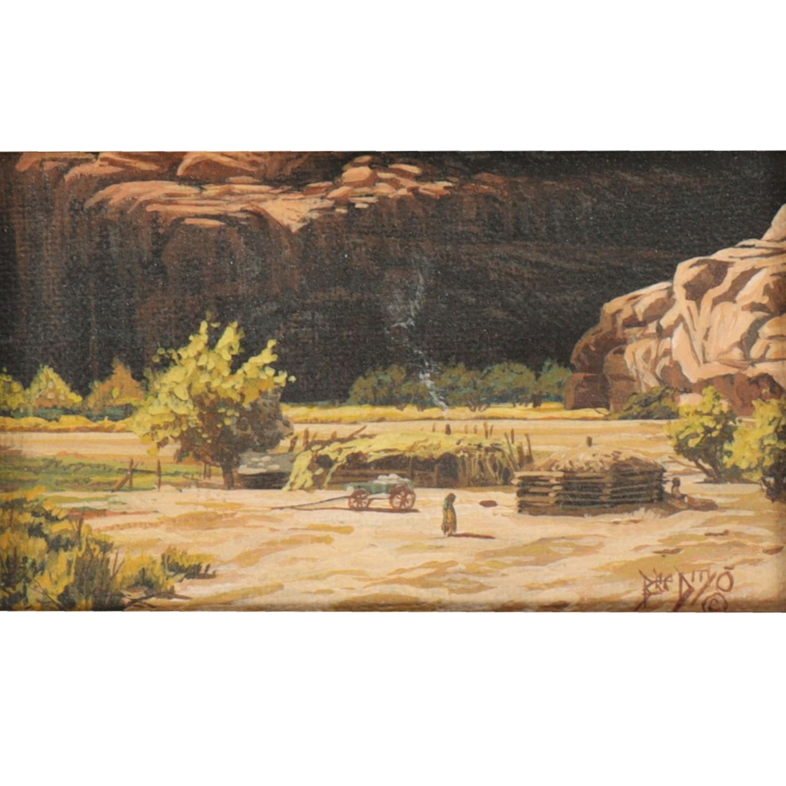James King, New Mexico (b. 1951), Springtime Chores, oil on canvas, 2 3/4"H x 4 5/8"W, 8"H x 10"W: James King New Mexico (b. 1951) Springtime Chores oil on canvas Signed lower right. 2 3/4"H x 4 5/8"W, 8"H x 10"W (frame)