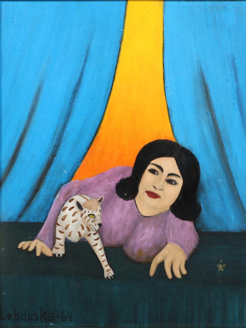 Lawrence Lebduska, New York, Maryland / Germany (1894-1966), woman with cat, 1964, oil on board, 13: Lawrence Lebduska New York, Maryland / Germany (1894-1966) woman with cat, 1964 oil on board Signed and dated lower left. Biography from the Archives of askArt: Born in Baltimore, Maryland to a Bohemi