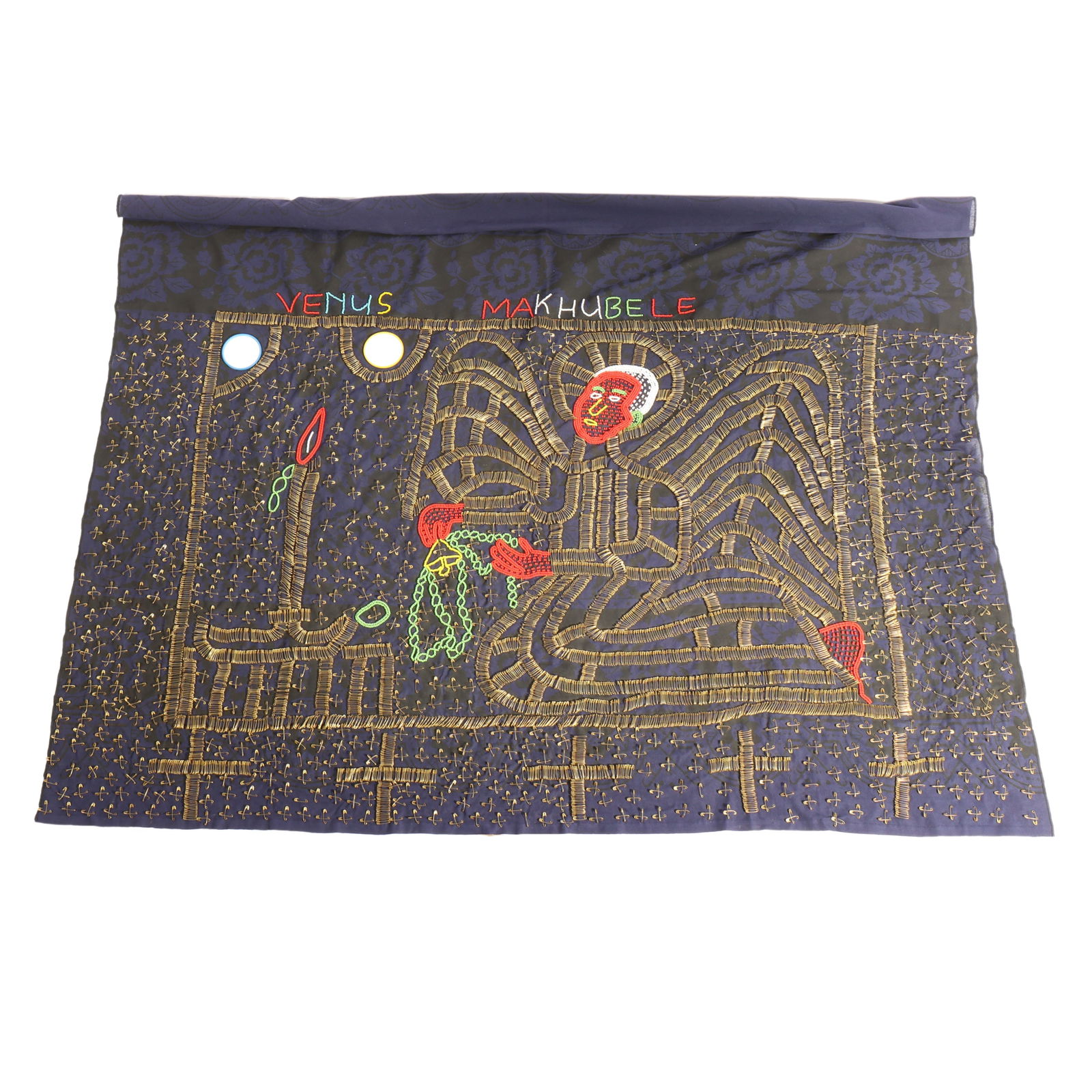 Venus Makhubele, South African nceka beaded cloth with angel kneeling before a candle 44 1/4"H x: Venus Makhubele, South African nceka beaded cloth with angel kneeling before a candle 44 1/4"H x 55"W