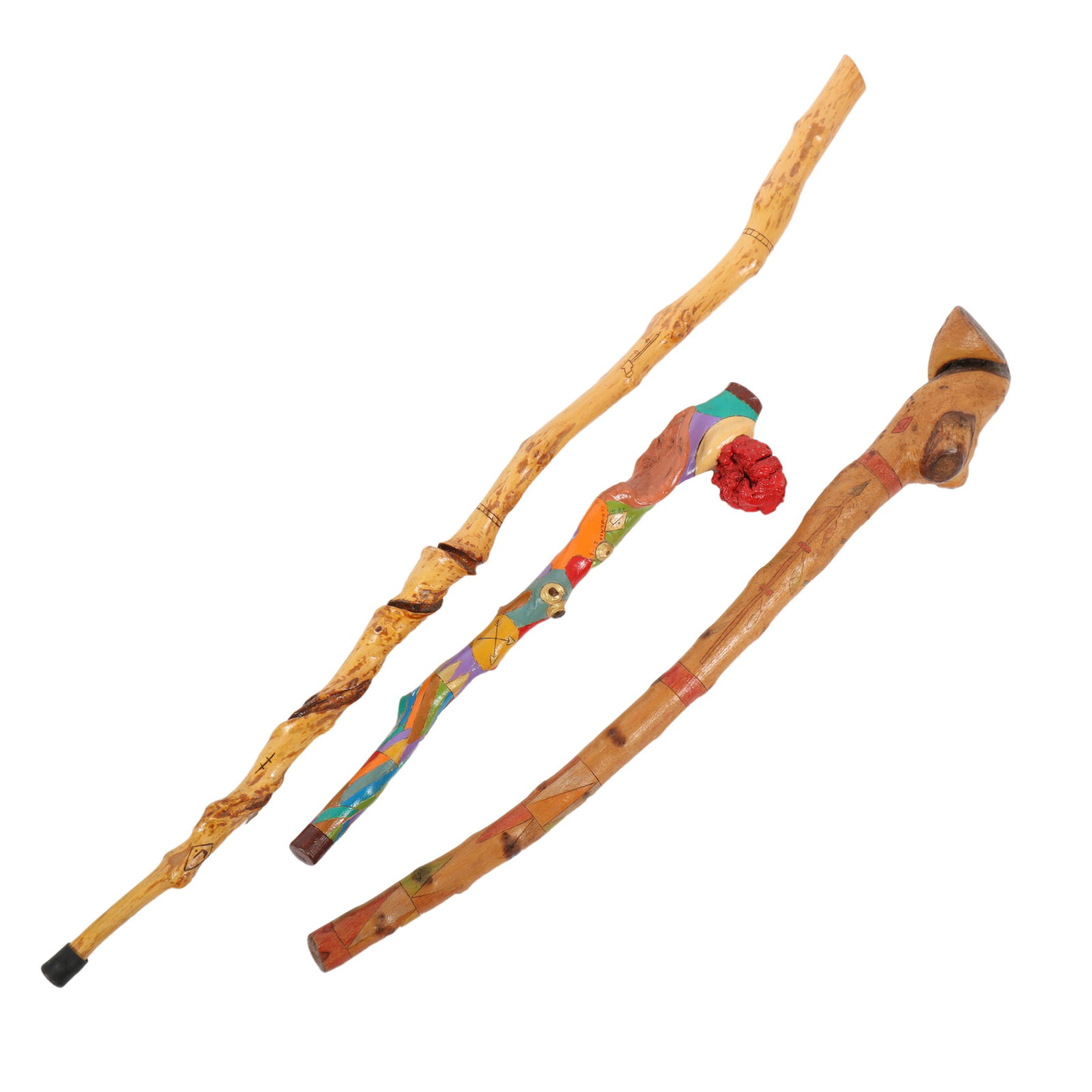 Lot of 3 John Schoolman folk art painted handmade cane / walking sticks 40 1/2" H x 2" W (tallest): Lot of 3 John Schoolman folk art painted handmade cane / walking sticks Biography from IU.Mediaspace.Kaltura.com: John Schoolman's life testifies to the importance of staying active both mentally and