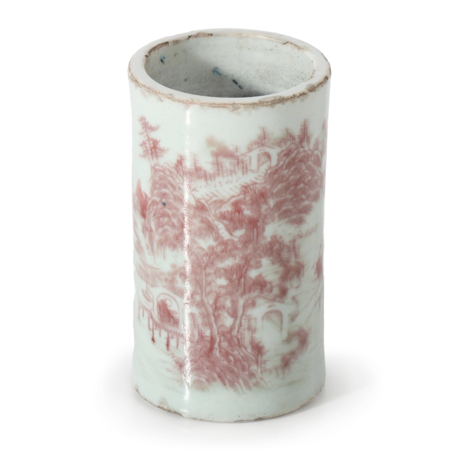 Chinese Qing Dynasty porcelain iron red underglaze landscape cylinder brush pot. 4 1/2?H x 2: Chinese Qing Dynasty porcelain iron red underglaze landscape cylinder brush pot. 4 1/2?H x 2 1/2?Diam.