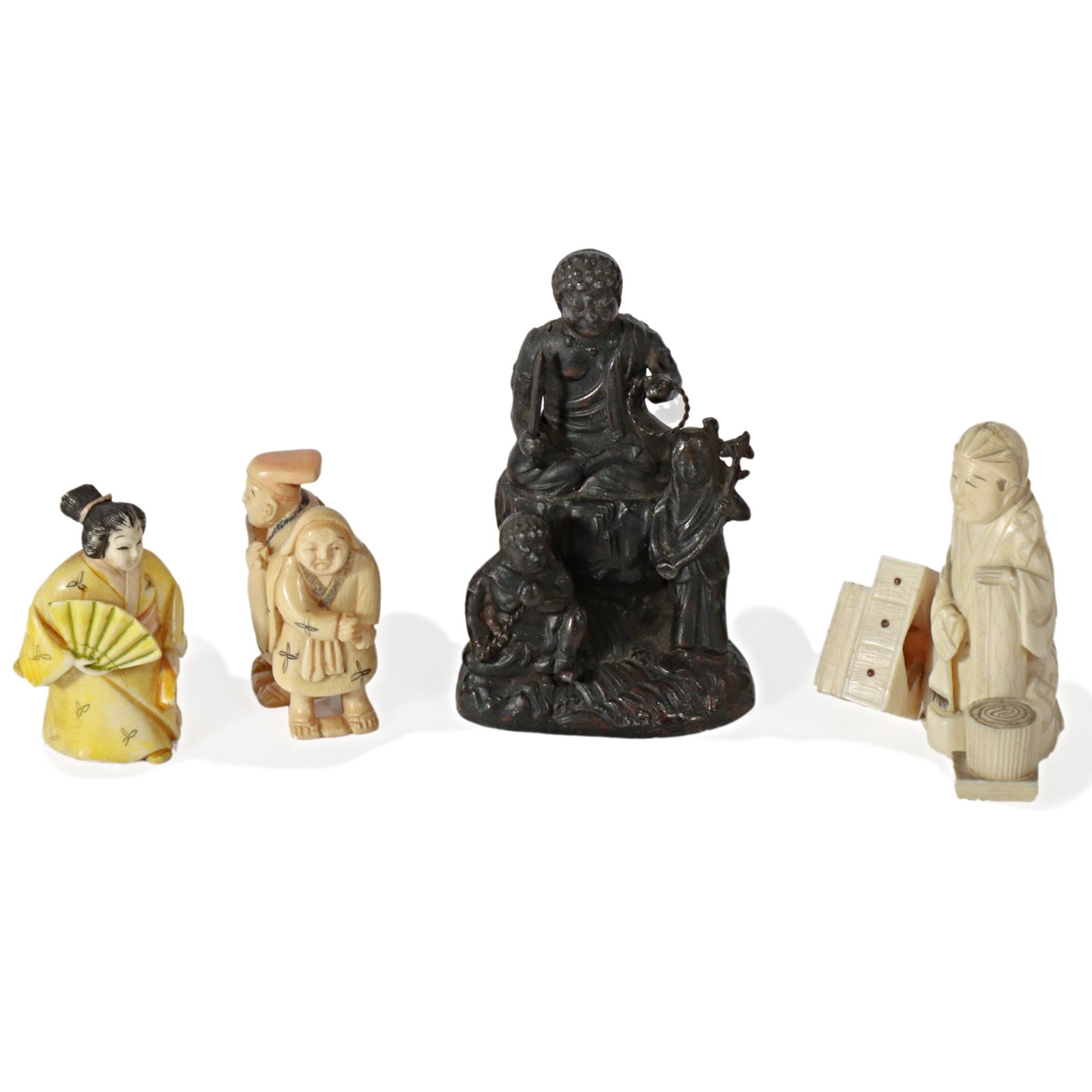 Lot of 4 figurines: Japanese carved Netsuke figurines, bronze Buddha figural group., 3 1/2?H x 2: Lot of 4 figurines: Japanese carved Netsuke figurines, bronze Buddha figural group. 3 1/2?H x 2 1/4?W x 1 3/4"D (largest)