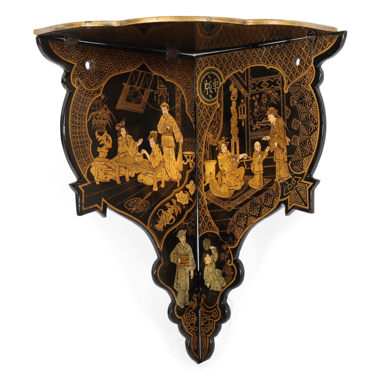 Japanese antique black lacquer and gilt folding corner curio shelf with multiple figures in domestic: Japanese antique black lacquer and gilt folding corner curio shelf with multiple figures in domestic scenes. 10 3/4?H x 7?W (panel)