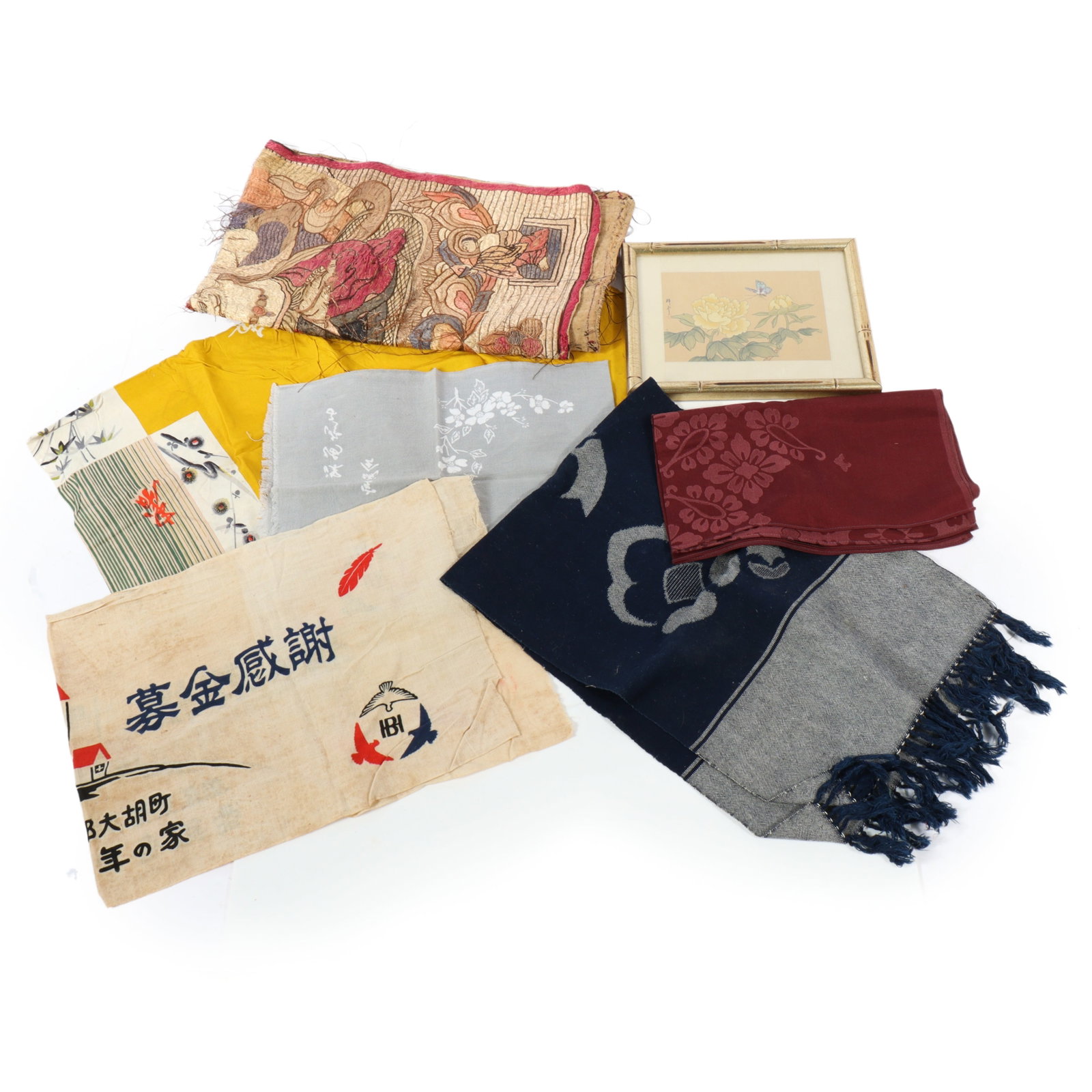 Lot of 6 Asian textiles, Japanese silk, Buddhist needlework textile panel, and a Chinese watercolor: Lot of 6 Asian textiles, Japanese silk, Buddhist needlework textile panel, and a Chinese watercolor scroll painting of a peony and butterfly 9"H x 11"W (frame), 5 1/4"H x 7 1/4"W (sight)
