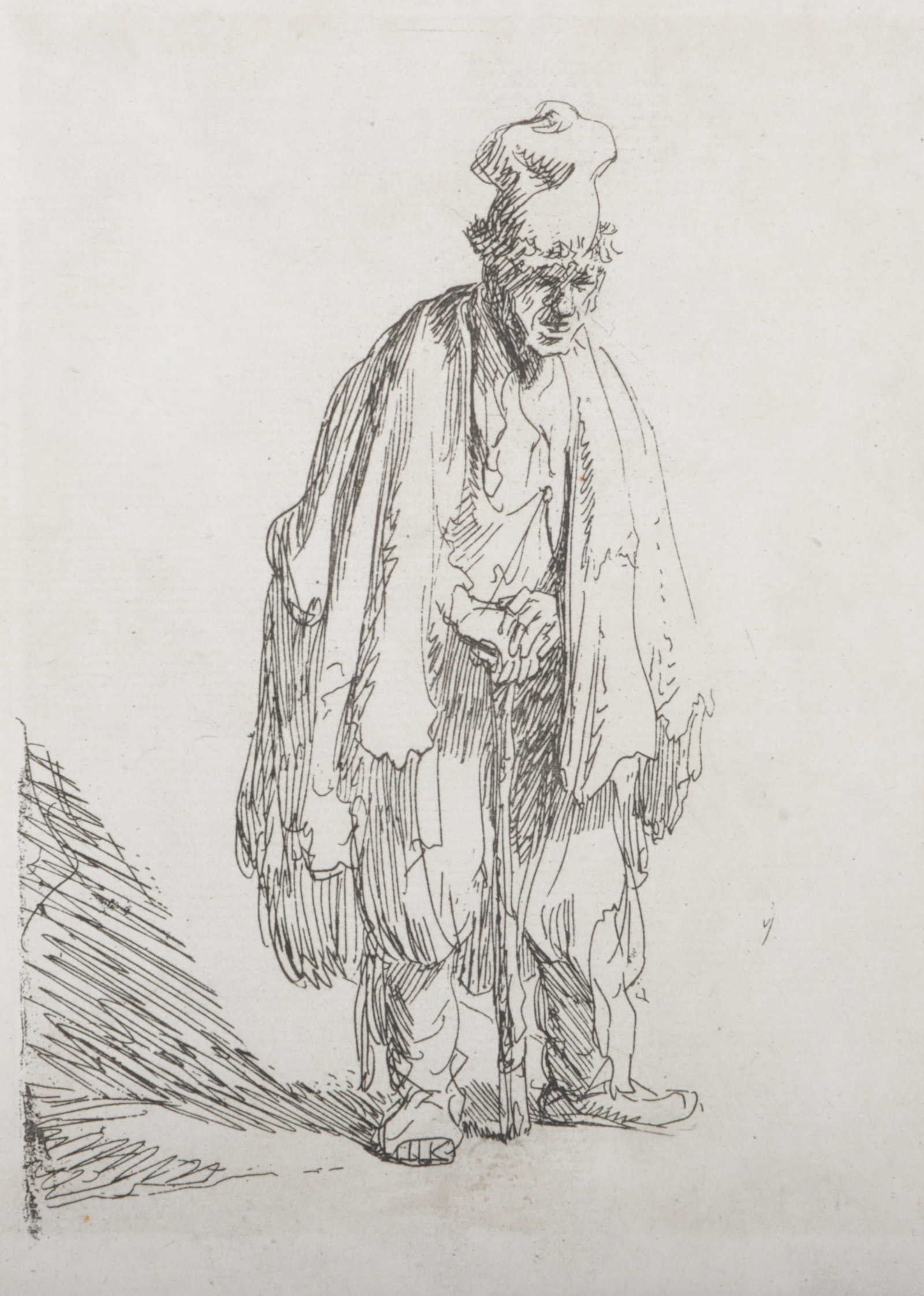 Rembrandt (1606-1669), Beggar in a High Cap, etching on laid paper. ca 1630, 6 1/2"H x 4 3/4"W: Rembrandt (1606-1669), Beggar in a High Cap, etching on laid paper. ca 1630, Hollstein 162. Some creases and spots, small tear to the right edge, good condition, In passepartout. 6 1/2"H x 4 3/4"W (Si