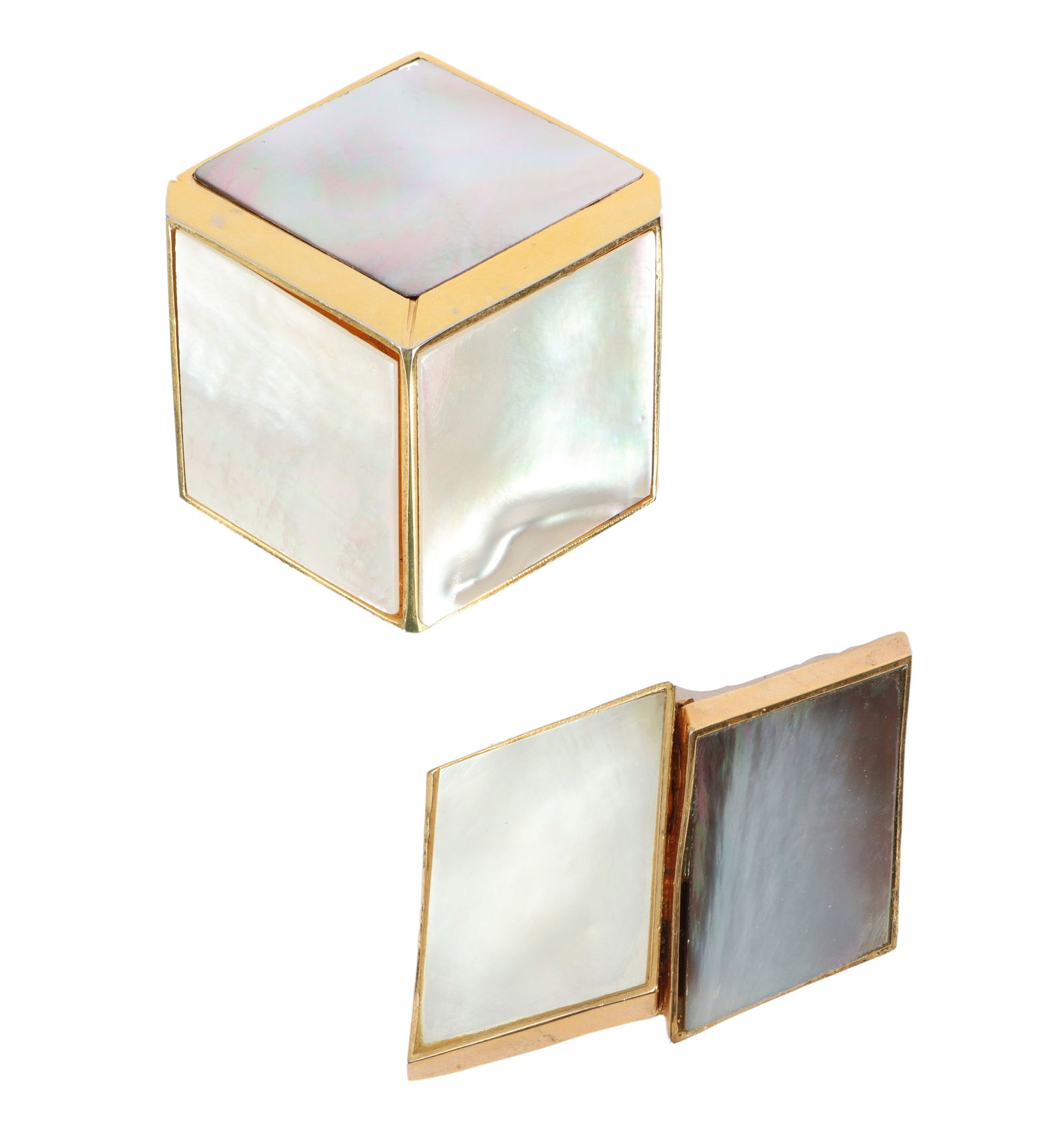 William DeLillo pair of geometric three-dimensional MOP mother-of-pearl and abalone pin brooches.: William DeLillo pair of geometric three-dimensional MOP mother-of-pearl and abalone pin brooches. 3"H x 2 3/4"W (cube)