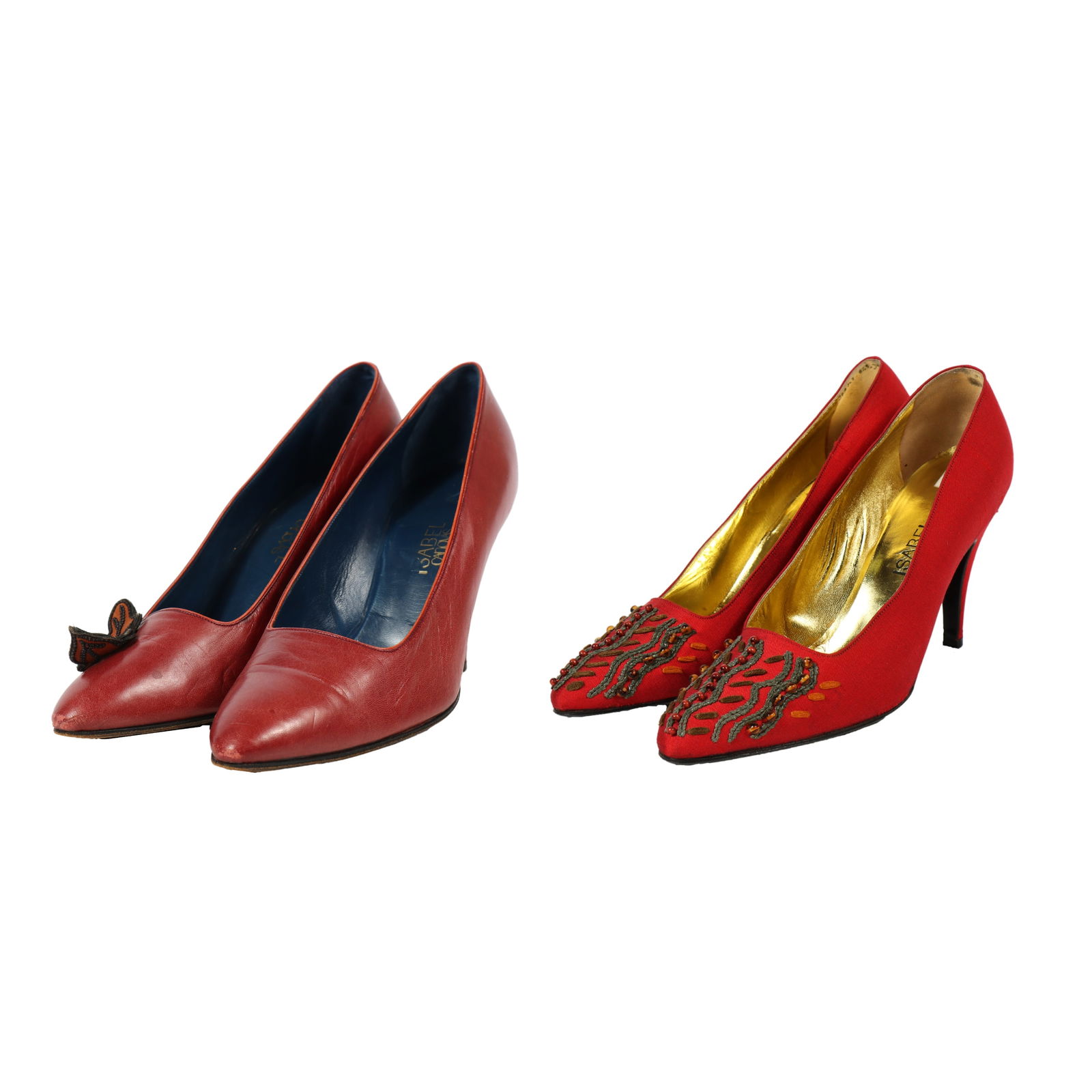 Isabel Canovas Red Silk Heals & Red Leather Heals / Pumps / Shoes., 5 1/2"H x 8 1/2"L: Isabel Canovas Red Silk Heals & Red Leather Heals / Pumps / Shoes. Both size 8 1/2 5 1/2"H x 8 1/2"L