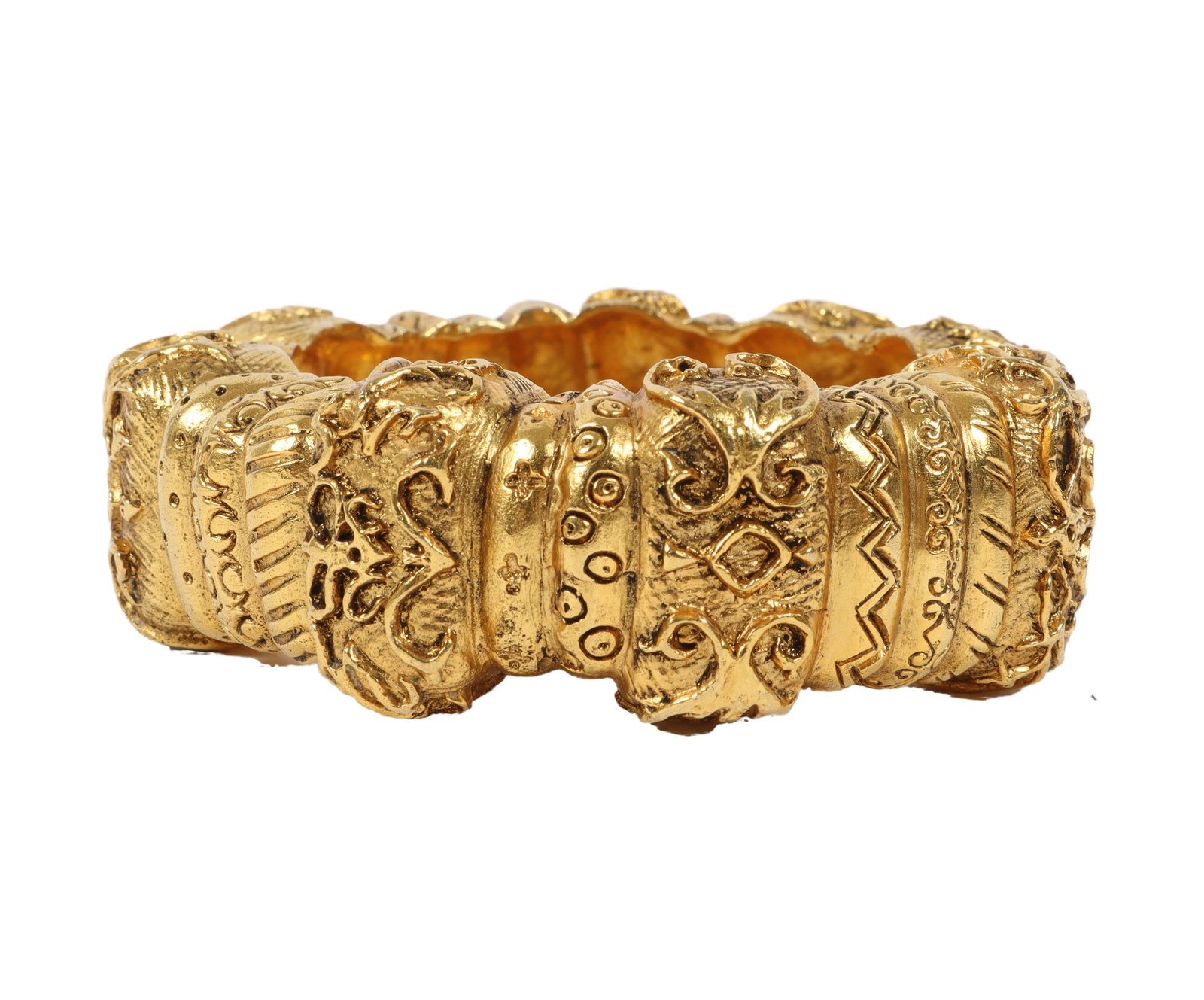 Isabel Canovas unsigned large designer couture gold tone bangle bracelet. 1 1/4"H x 2 1/2"Diam.: Isabel Canovas unsigned large designer couture gold tone bangle bracelet. 1 1/4"H x 2 1/2"Diam.