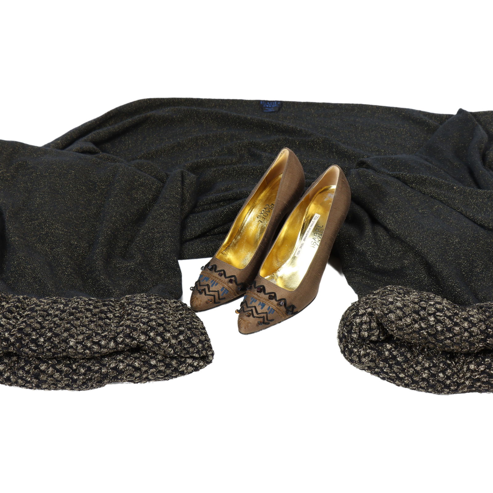 Isabel Canovas designer Brown Silk Heals and Shawl 18"H x 84 1/2"L (shawl), 9 1/2"L (shoes): Isabel Canovas designer Brown Silk Heals and Shawl Shoes are size 9 1/2 18"H x 84 1/2"L (shawl) 9 1/2"L (shoes)