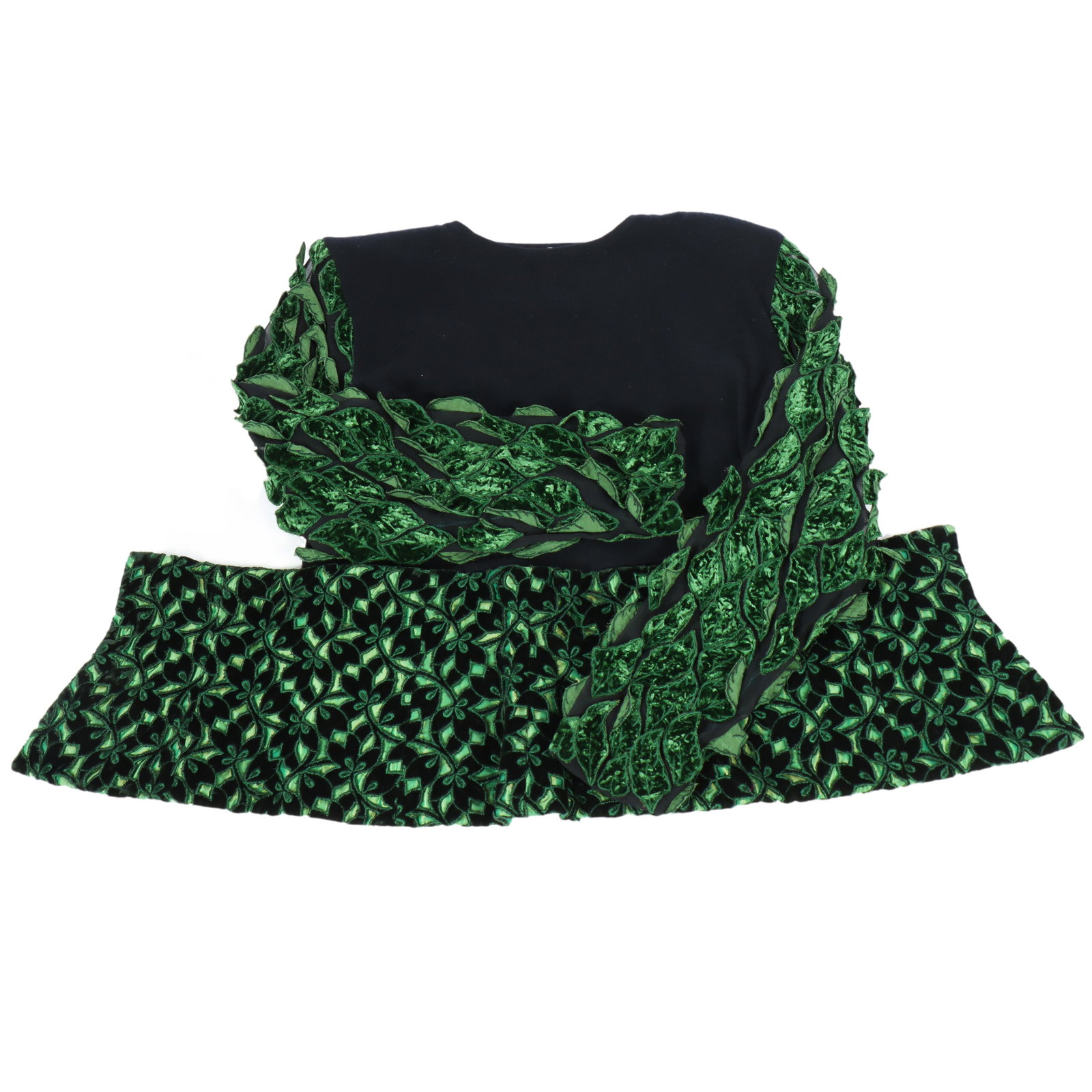 Isabel Canovas designer green leaf applique belt and black sweater dress. 33 1/2"H x 52"L (sleeve to: Isabel Canovas designer green leaf applique belt and black sweater dress. 33 1/2"H x 52"L (sleeve to sleeve) x 15"W (Sweater) 8"H x 32"L (belt)