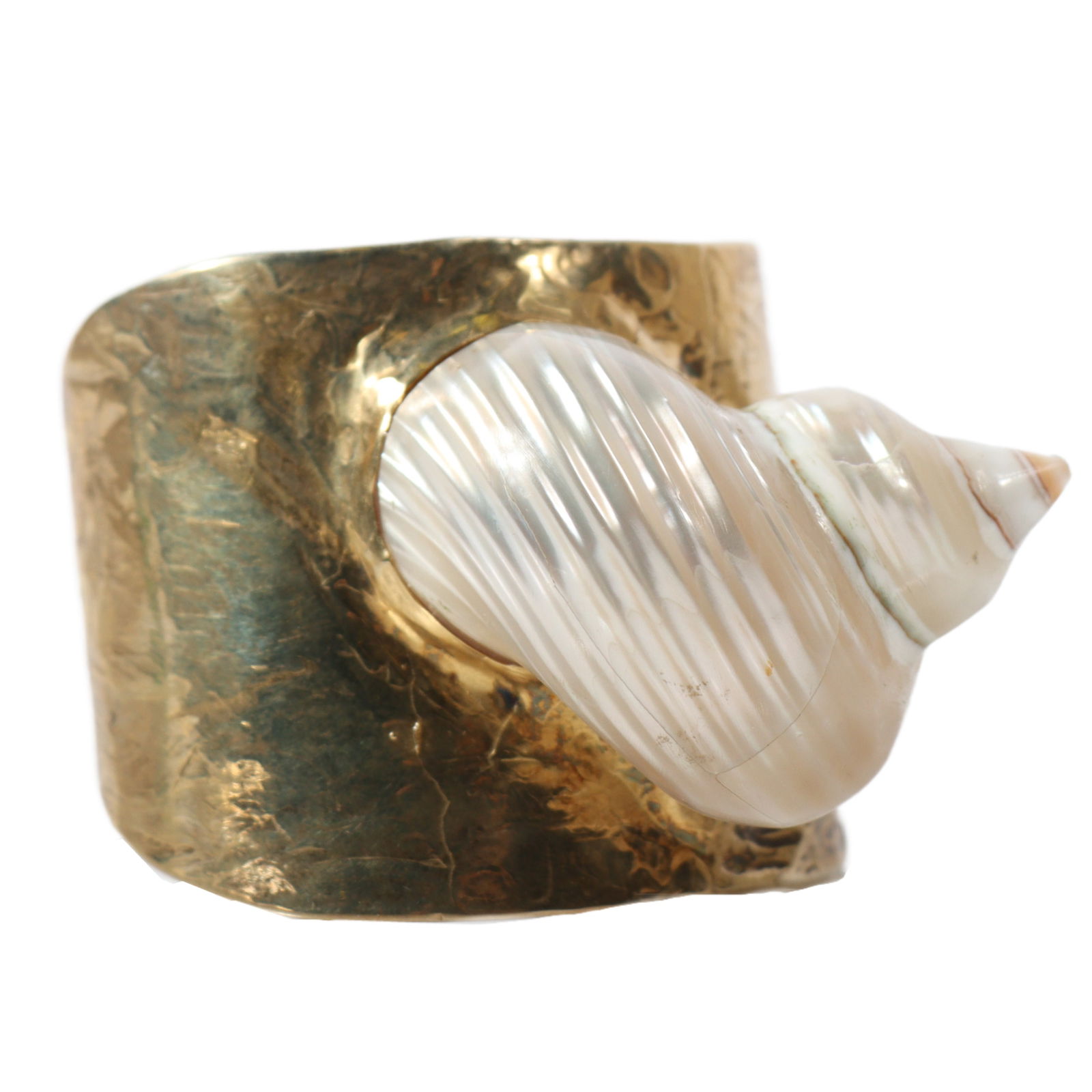 Robert Goossens for Les Paruriers? haute couture nautilus seashell hand wrought gold tone cuff: Robert Goossens for Les Paruriers? haute couture nautilus seashell hand wrought gold tone cuff bracelet. Seashell has several cracks 3"L x 2 3/4"W