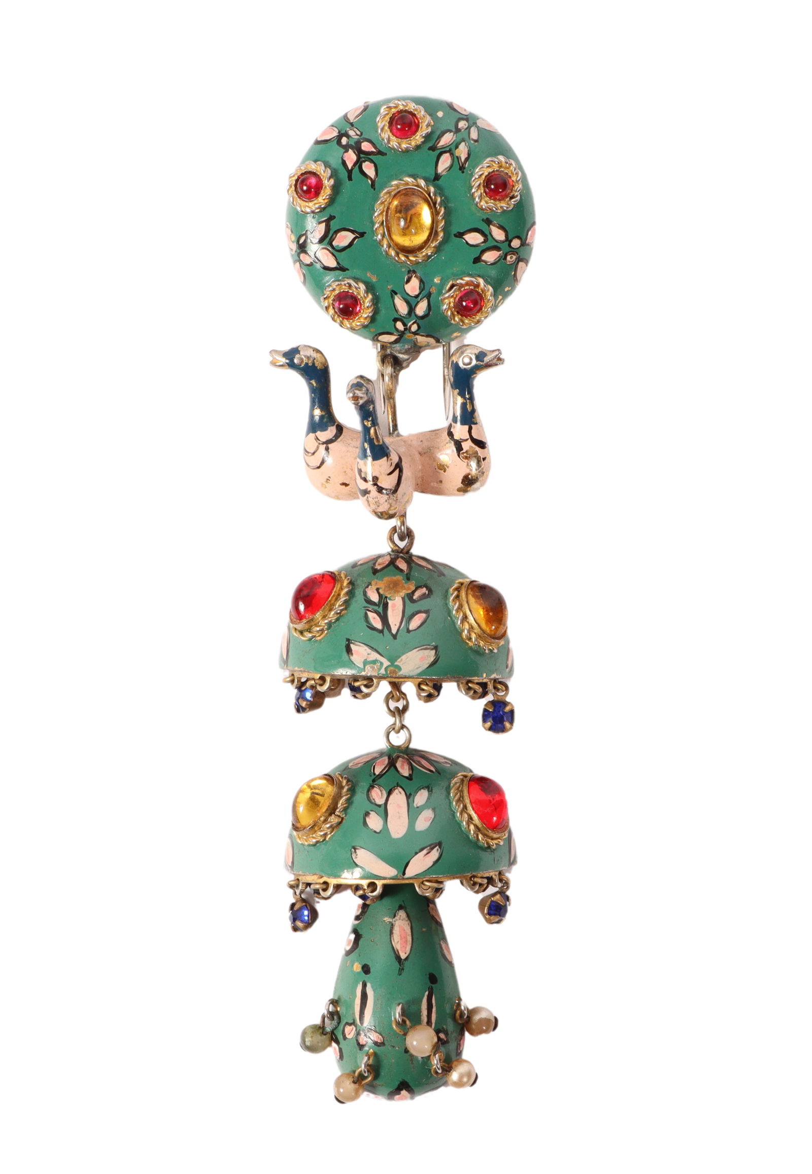 Schiaparelli Le Cirque fur clip brooch pin attributed to Max Boinet or Jean Schlumberger. Enamel on: Schiaparelli Le Cirque fur clip brooch pin attributed to Max Boinet or Jean Schlumberger. Enamel on metal with glass cabochons, dangling rhinestones and faux seed pearls. Has been repaired on back, an
