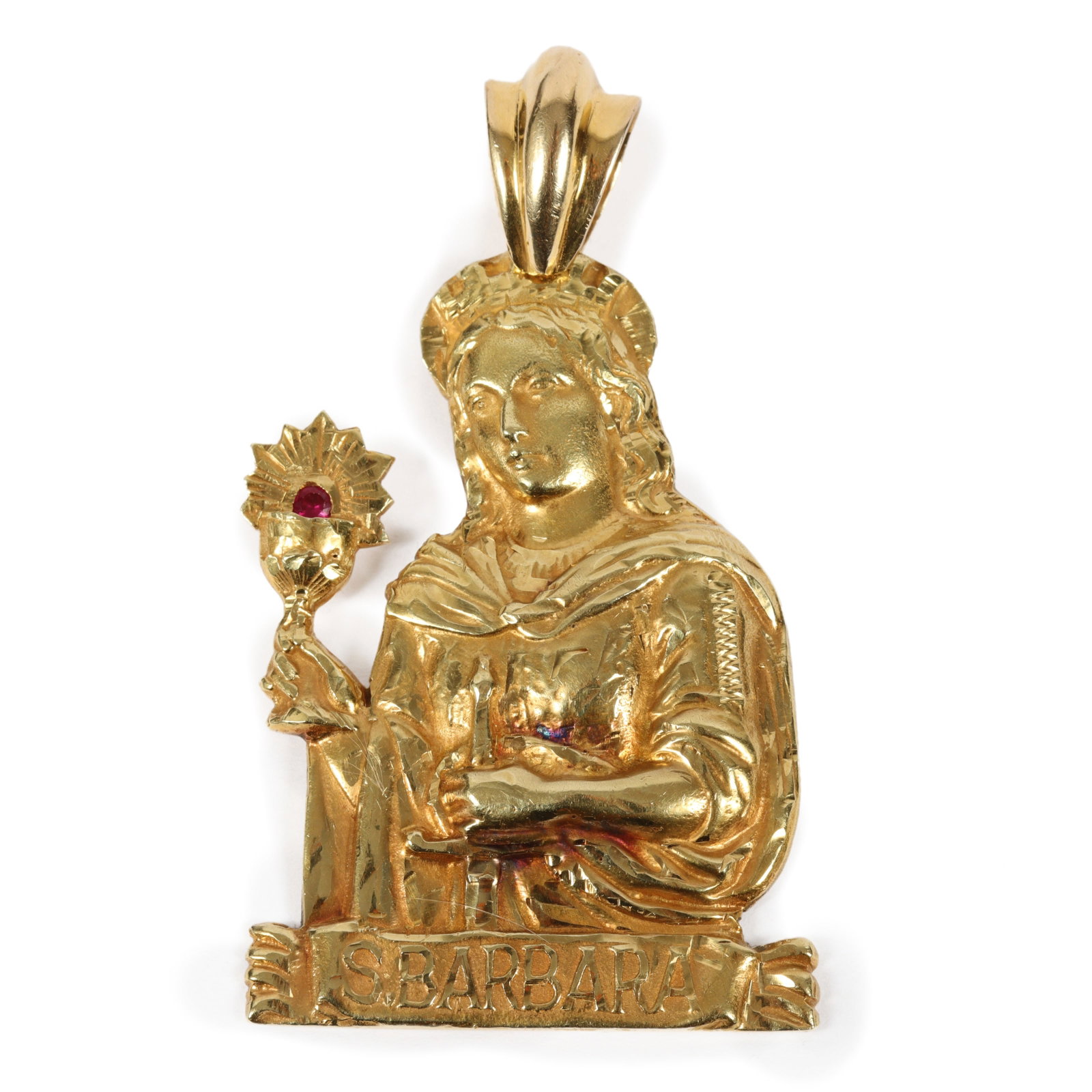 Large 18K yellow gold St. Barbara pendant with ruby detail, 23.60 DWT. 2 5/8"H x 1 3/8"W: Large 18K yellow gold St. Barbara pendant with ruby detail, 23.60 DWT. 2 5/8"H x 1 3/8"W