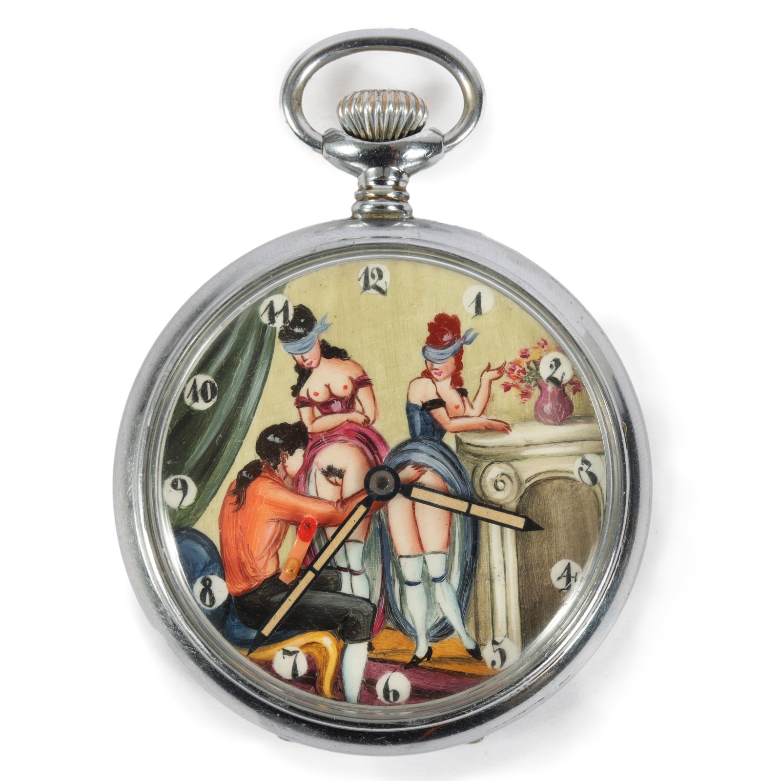 Antique 16 jewel ancre erotic pocket watch with hand painted scenic dial. 3/8"H x 2"Diam.: Antique 16 jewel ancre erotic pocket watch with hand painted scenic dial. hands move freely and runs. 3/8"H x 2"Diam.