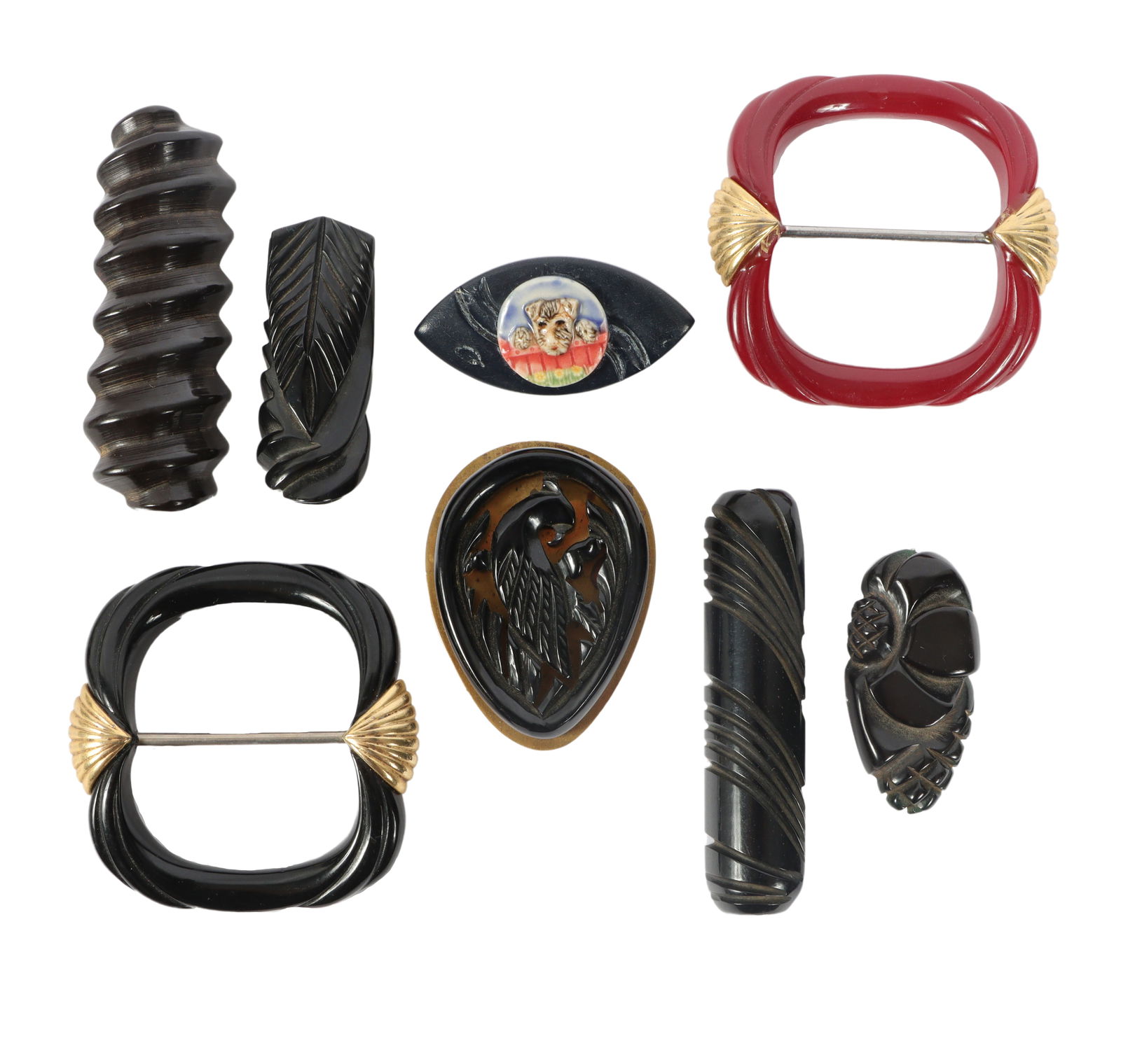 Bakelite and early plastic 8pc group 1"H x 2"W (Puppy pin): Bakelite and early plastic 8pc group 1"H x 2"W (Puppy pin)