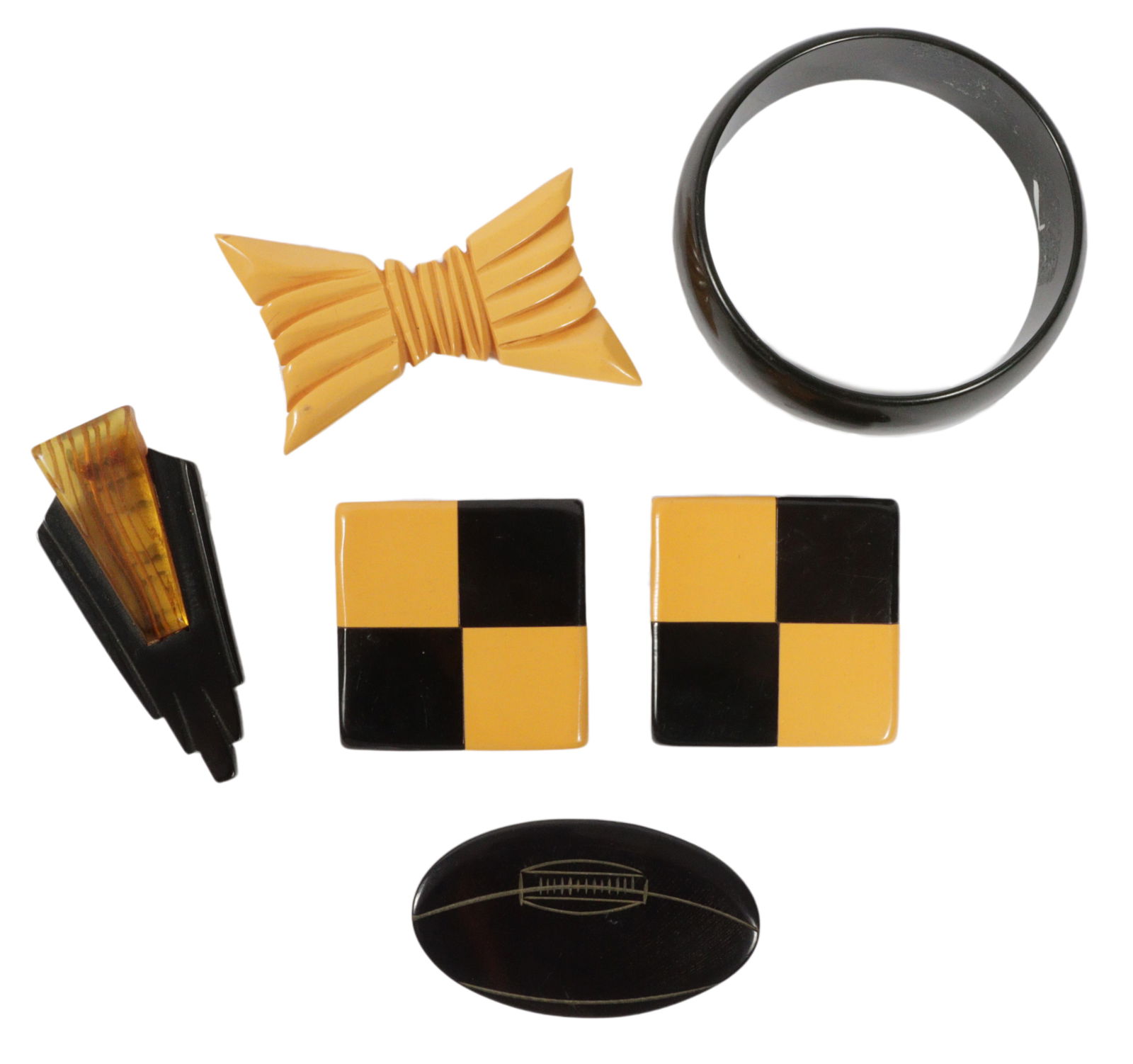 Black and yellow Bakelite 6pc group 1 1/2"H x 2 1/2"W (football): Black and yellow Bakelite 6pc group 1 1/2"H x 2 1/2"W (football)