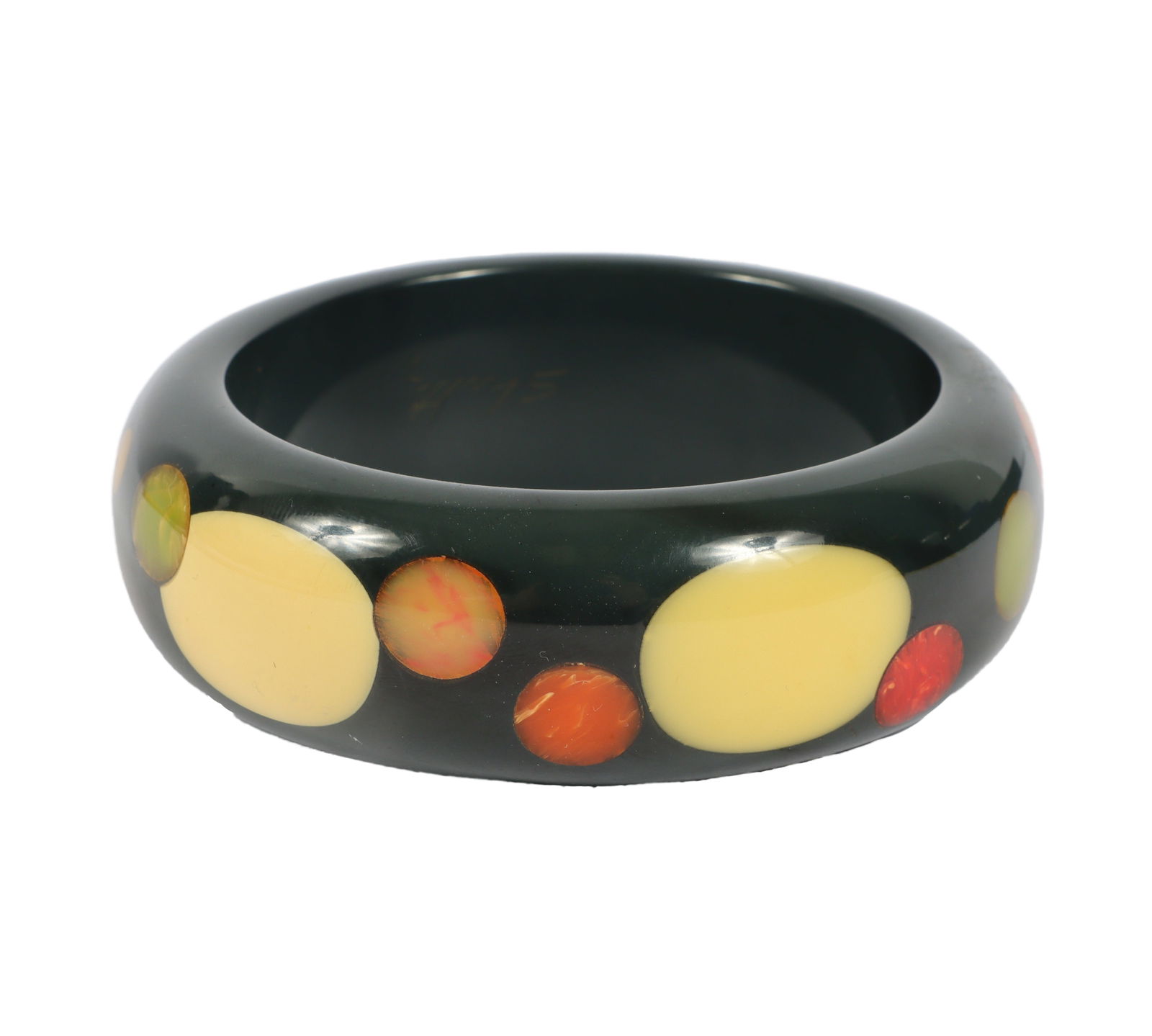 Shultz inlaid polka dot chunky artisan Bakelite bangle bracelet 1 1/8"H x 2 5/8"Diam.: Shultz inlaid polka dot chunky artisan Bakelite bangle bracelet 1 1/8"H x 2 5/8"Diam.
