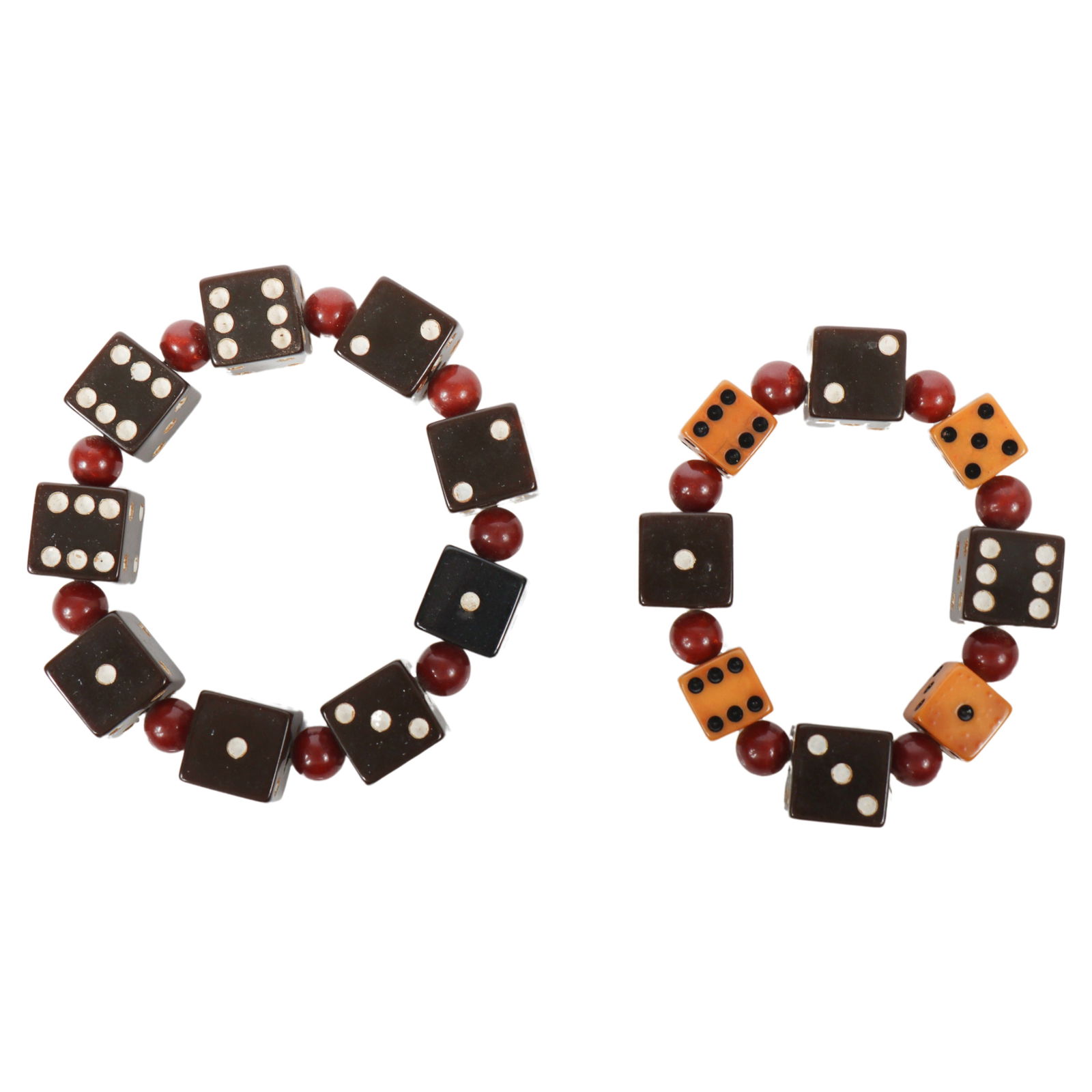 Pair of Vintage Artisan Bakelite Stretch Dice Bracelets 3"L x 3 3/4"W (larger bracelet): Pair of Vintage Artisan Bakelite Stretch Dice Bracelets 3"L x 3 3/4"W (larger bracelet)