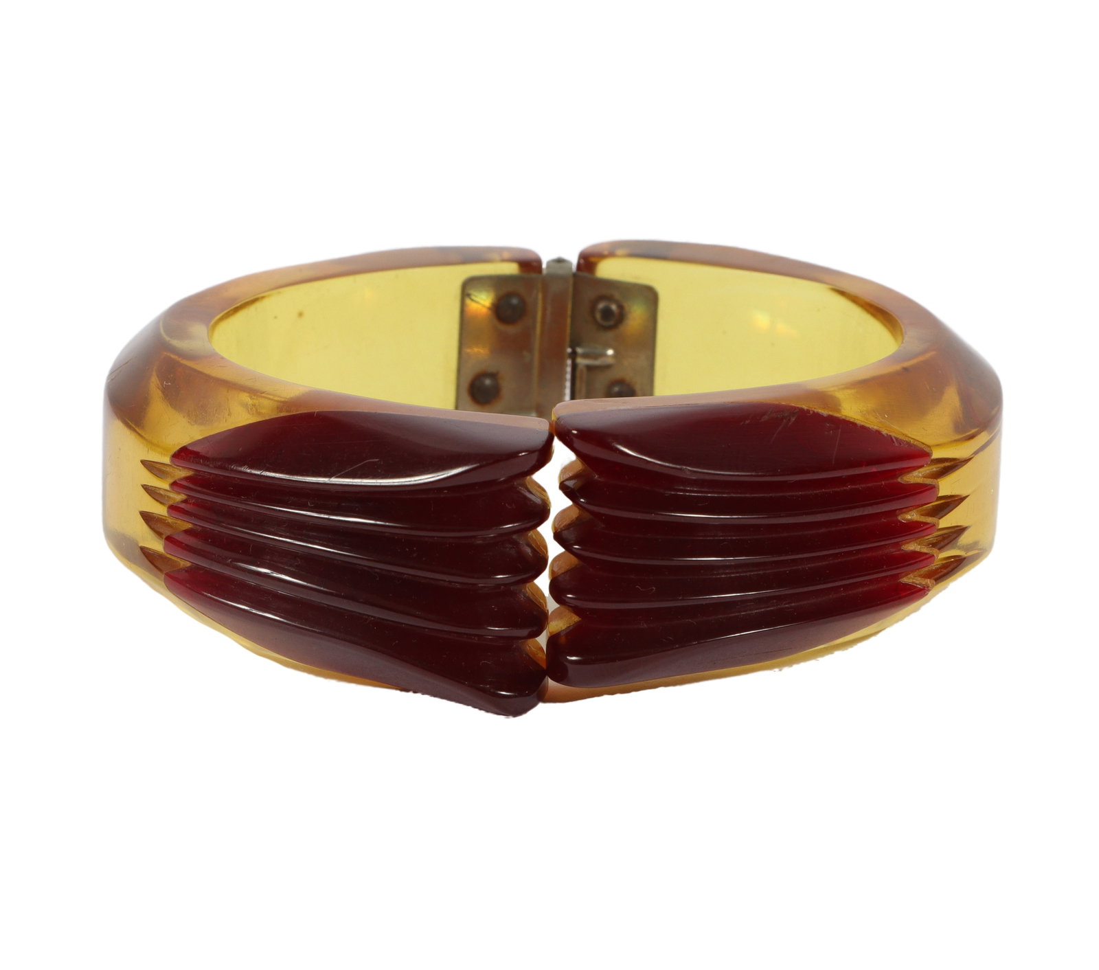 Apple juice Bakelite hinged clamper bangle bracelet 1 7/8"H x 2 1/4"Diam.: Apple juice Bakelite hinged clamper bangle bracelet Has two small cracks on one side. 1 7/8"H x 2 1/4"Diam.