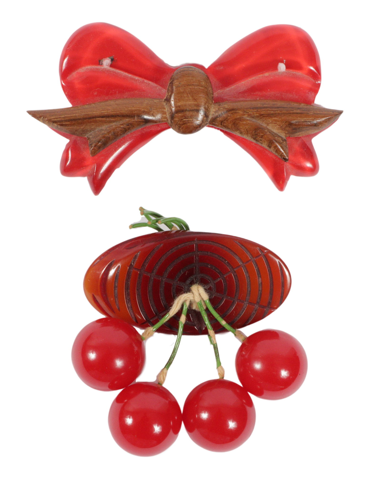 Red Bakelite cherries and bow pin brooches 2"H x 3"W (bow): Red Bakelite cherries and bow pin brooches 2"H x 3"W (bow)