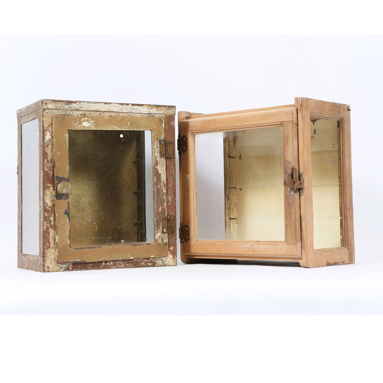 Pair of antique medical / barber shop wall display glass cabinets 14" x 13" x 9" (largest) (1 of 11)