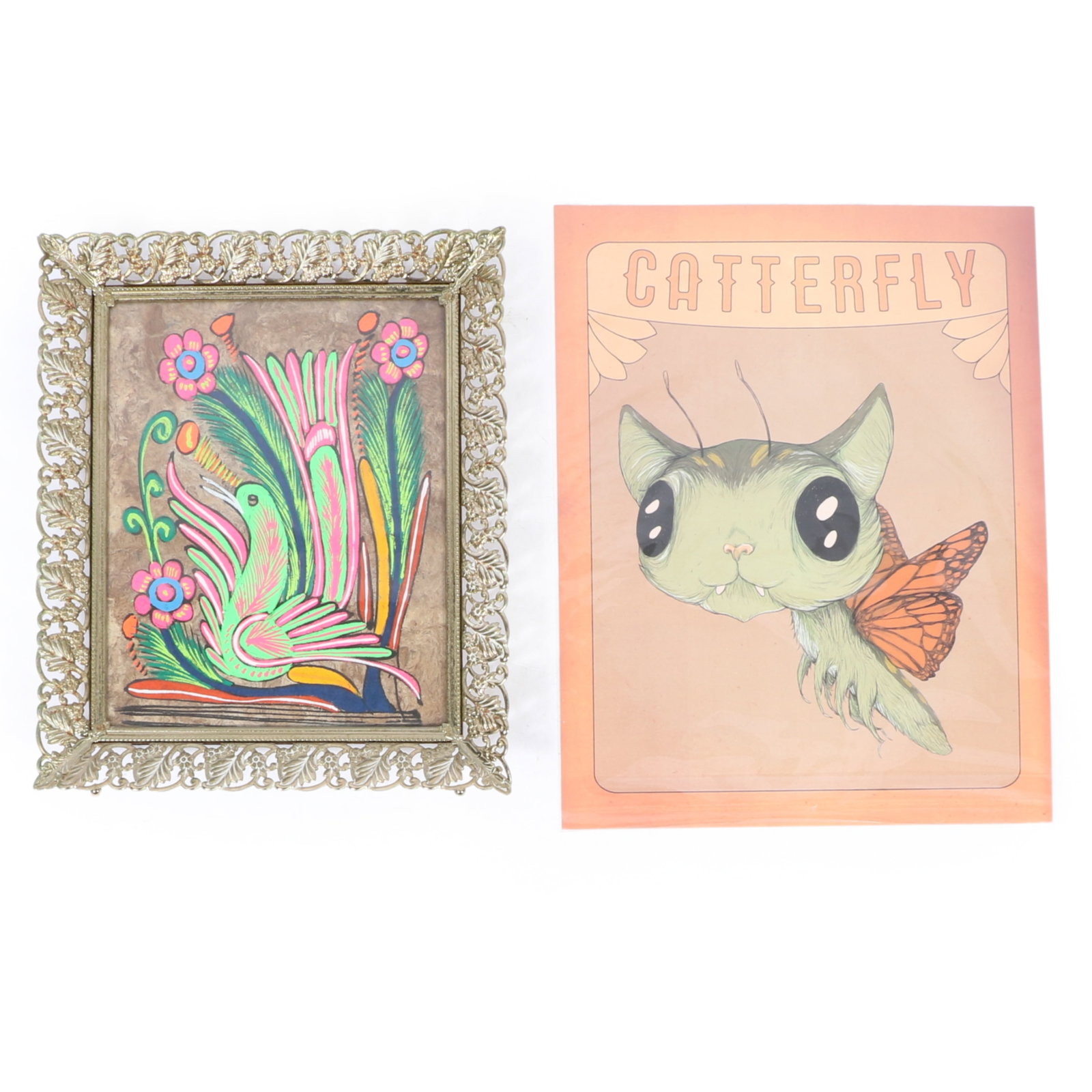 Two decorative art works; cryptid "Catterfly" print and Mexican folk art bird painting. 14"H x 11"W (1 of 7)