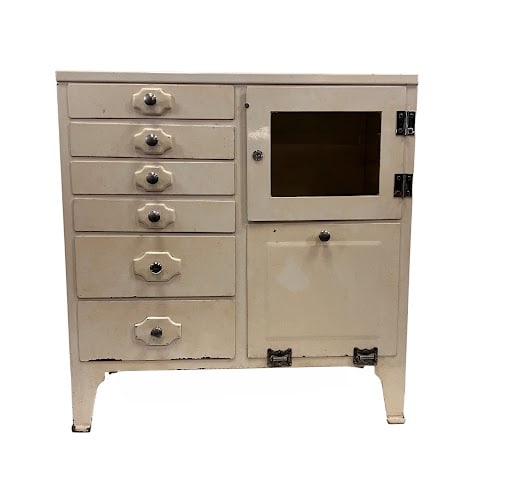 Vintage metal dental / medical cabinet with chrome hardware and white enamel paint. 31"H x 30"W 15 (1 of 13)