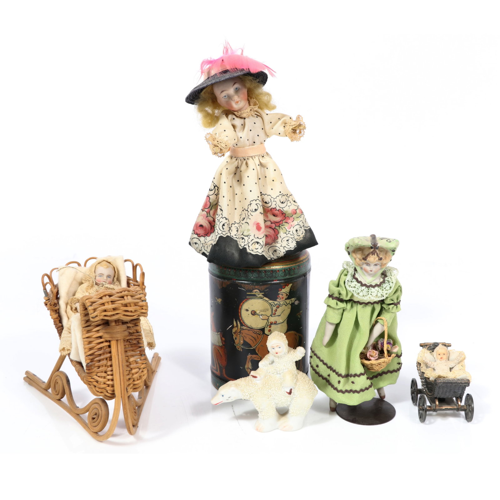 Antique German bisque doll collection with a musical crank wind tin litho dancing doll, all bisque (1 of 20)