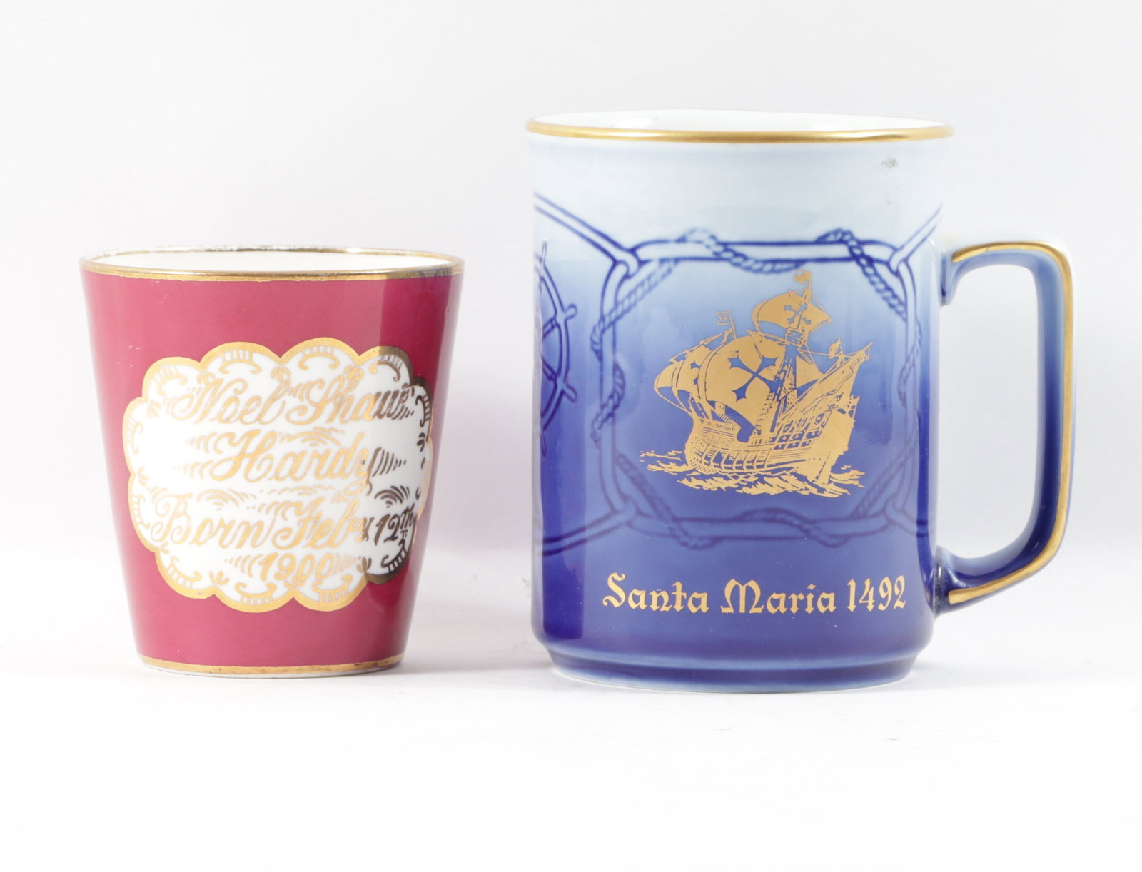 Lot of 2 painted porcelain forget me not cups: including Bing and Grondahl explorer mug Santa Maria,: Lot of 2 painted porcelain forget me not cups: including Bing and Grondahl explorer mug Santa Maria, 1978. 3 1/2"H x 3 3/8"Diam. (smallest)