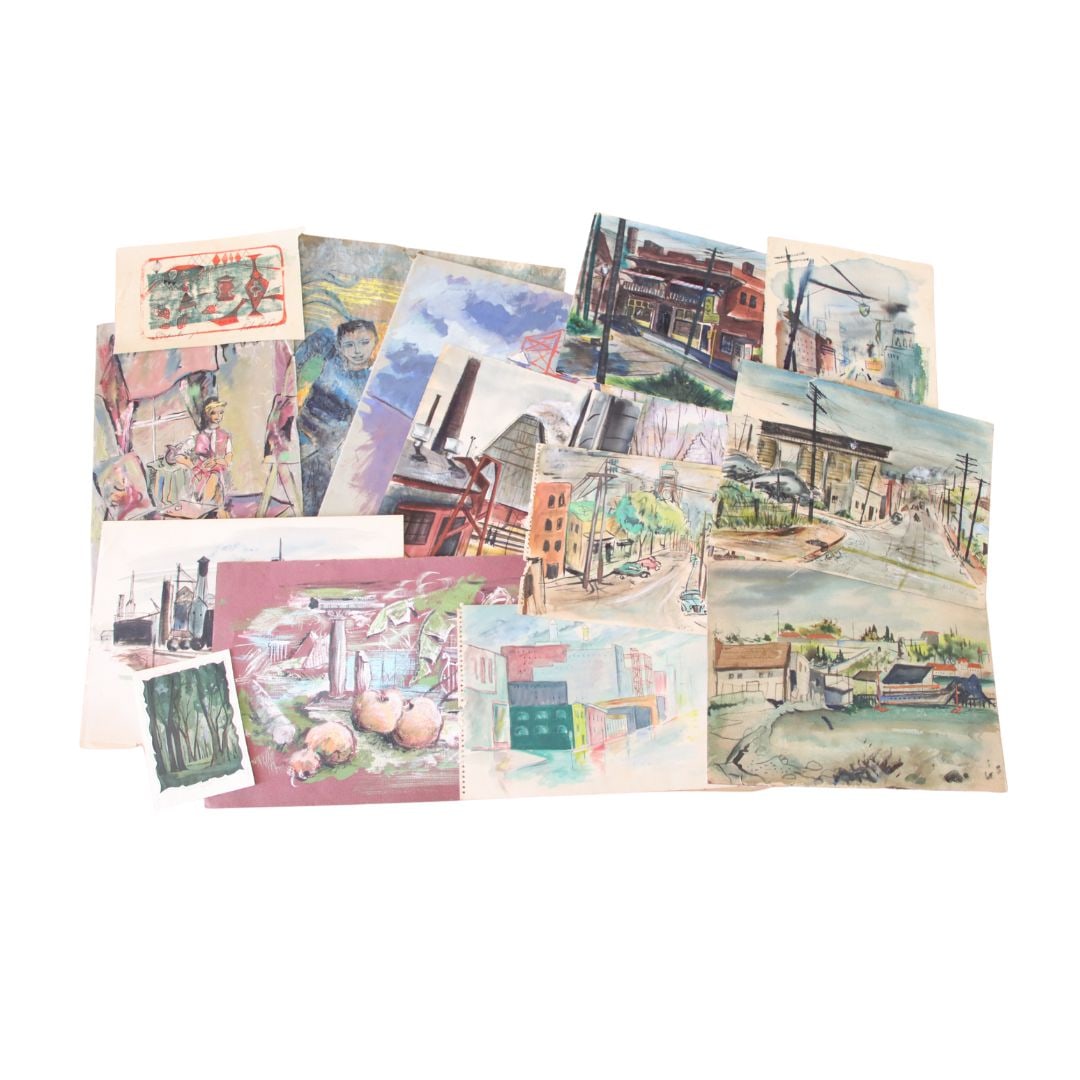Robert C. "Bobby" Ray, Indiana (1926-2020), cityscapes, still life, figural, landscape, 1950s, mixed: Robert C. "Bobby" Ray Indiana (1926-2020) cityscapes, still life, figural, landscape, 1950s mixed media / watercolor on paper / block print Lot of 15. 3 signed lower. Born in 1926, "Robert Bobby Ray"