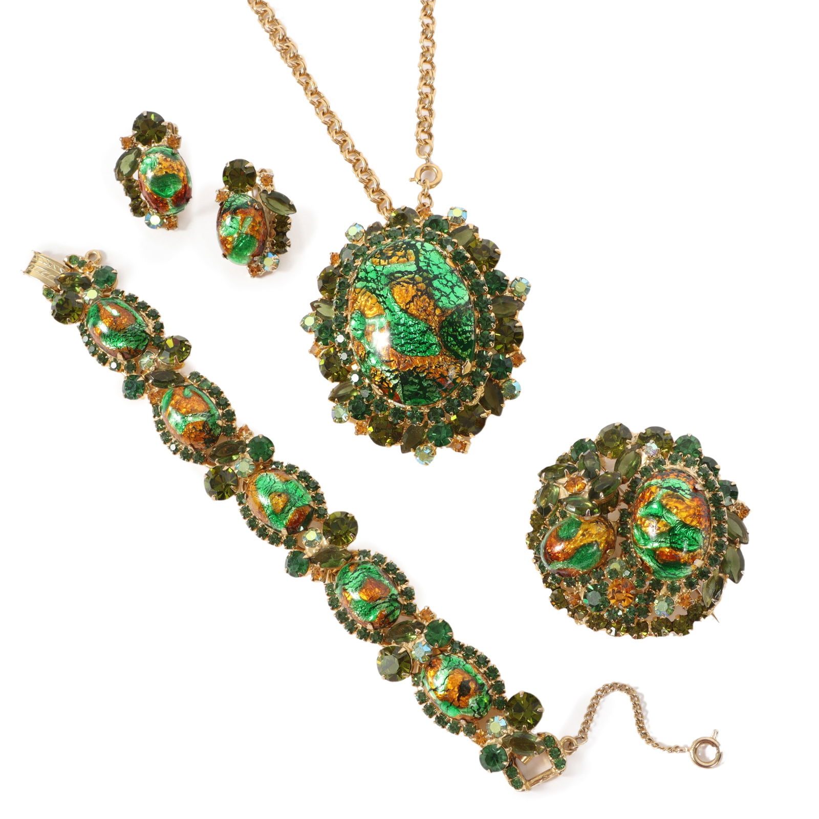 DeLizza & Elster Juliana 4pc. parure green rhinestone and mottled metallic amber and green colored (1 of 12)