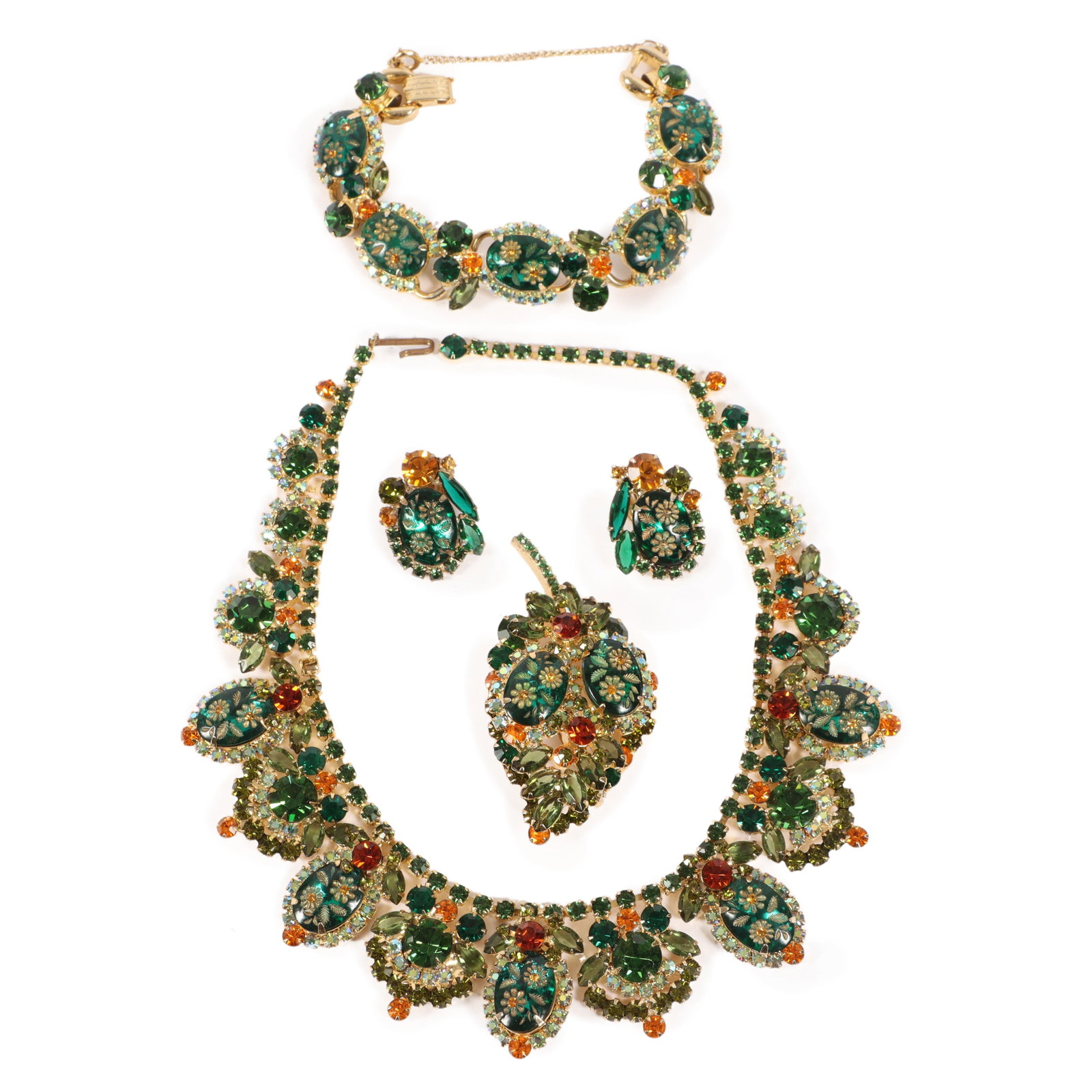 DeLizza & Elster Juliana 4pc. intaglio floral jeweled parure; collar necklace, brooch, bracelet and (1 of 13)