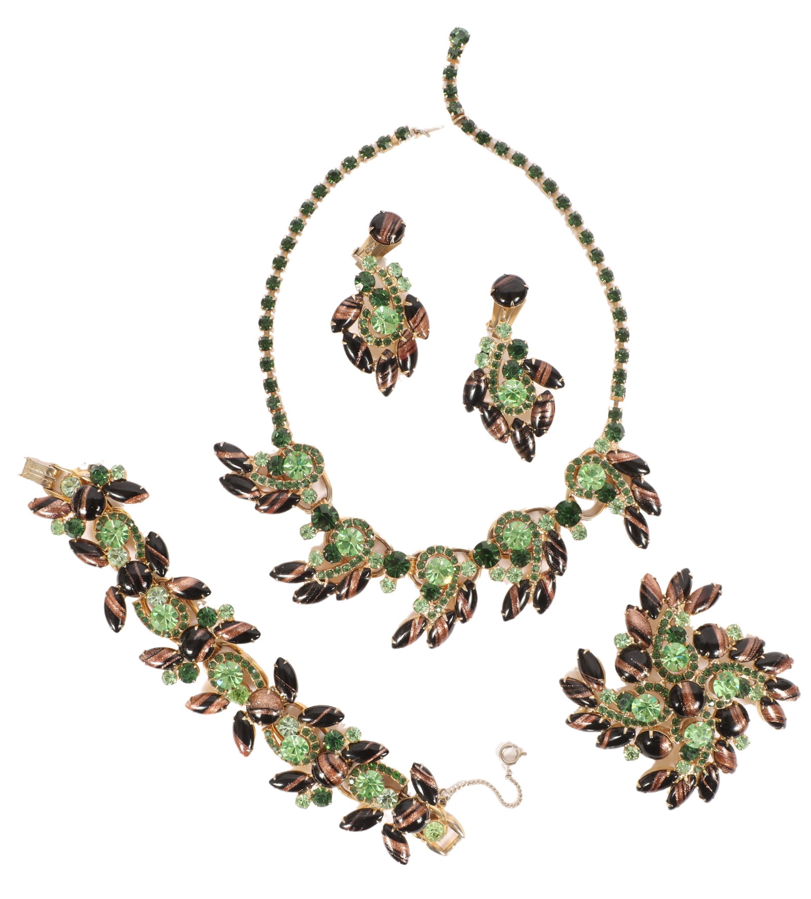 DeLizza & Elster Juliana 4pc. vintage costume jewelry parure; peridot crystal and tiger eye jeweled (1 of 10)
