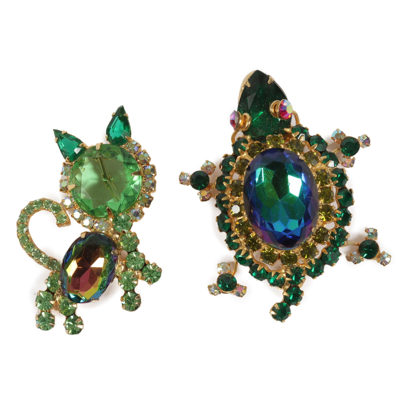 DeLizza & Elster Juliana pair of figural animal brooches: cat and turtle, Provenance: From the (1 of 5)