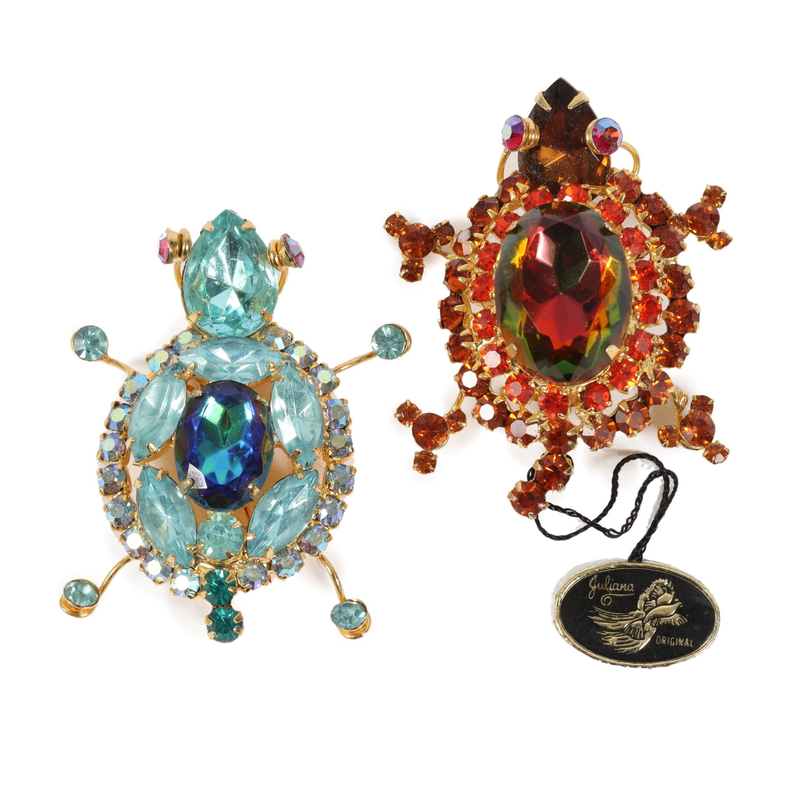 DeLizza & Elster Juliana pair of book piece turtle brooches, one with original tag, Provenance: From (1 of 6)