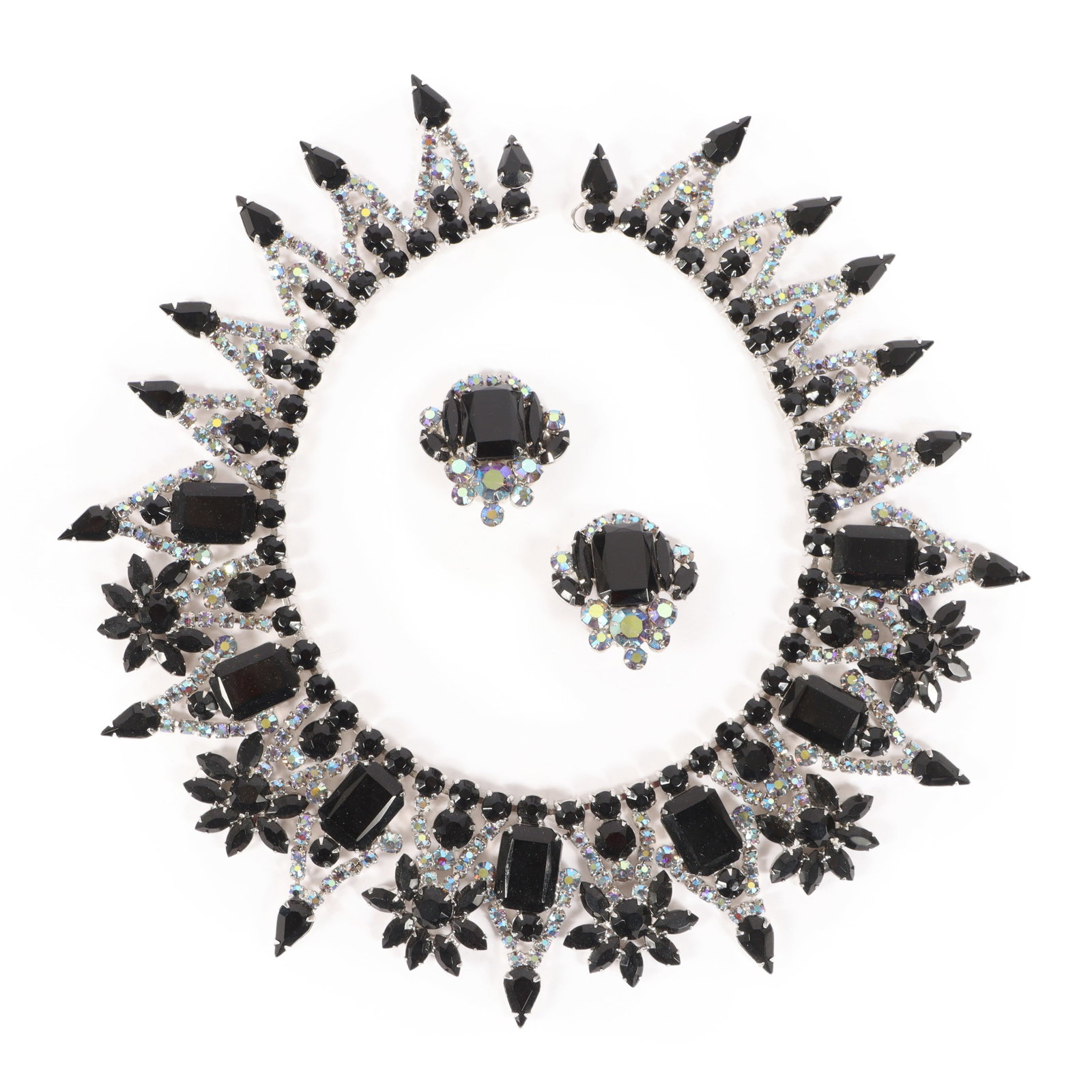 DeLizza & Elster Juliana demi-parure: black faceted glass jewel and diamante rhinestone radiant (1 of 7)