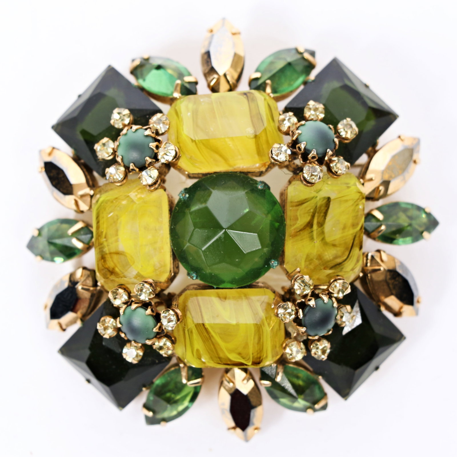 LARGE Schreiner New York large dimensional green and yellow gripoix glass jeweled brooch with (1 of 4)