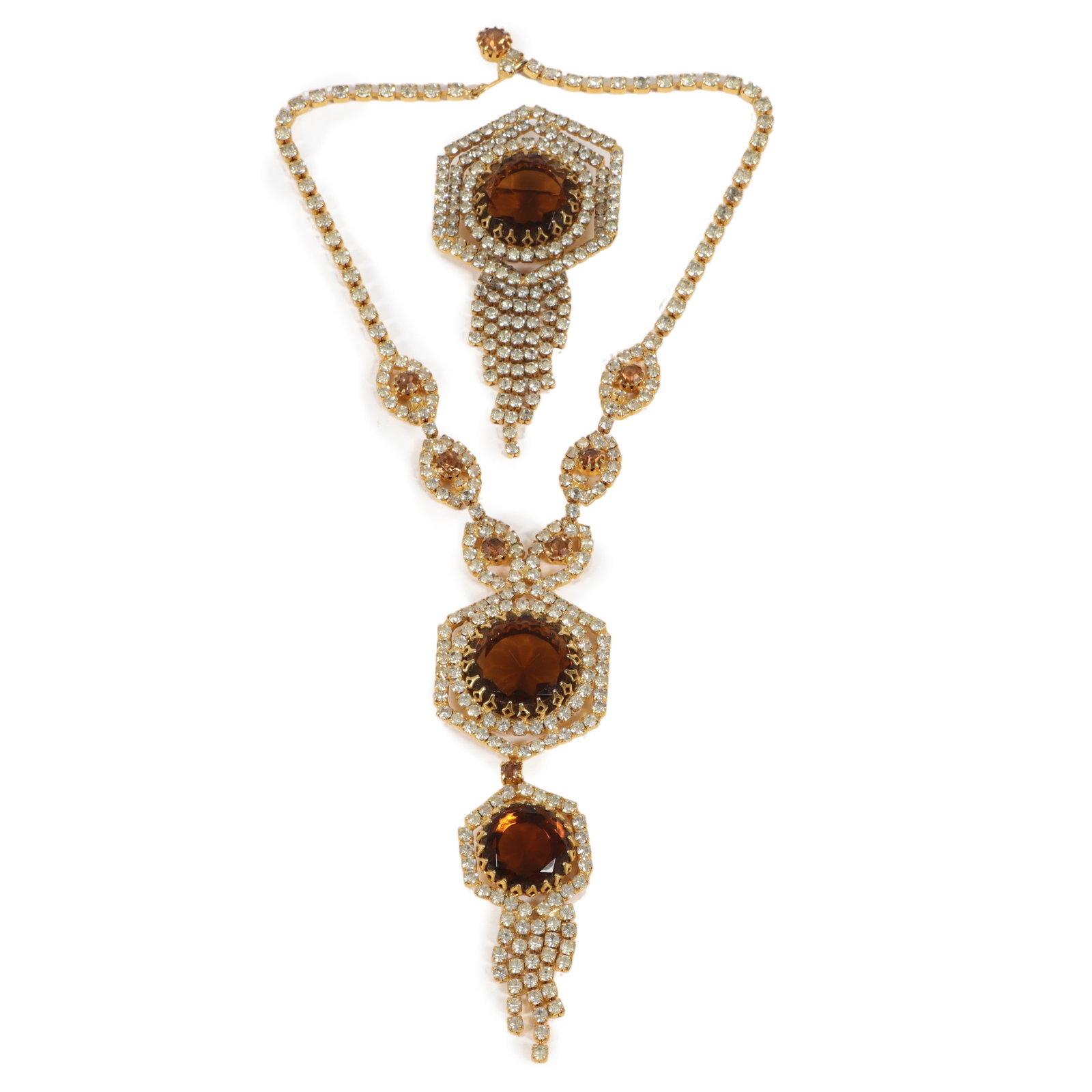 DeLizza & Elster Juliana? Citrine rhinestone dangle necklace and brooch, Provenance: From the: DeLizza & Elster Juliana? Citrine rhinestone dangle necklace and brooch Provenance: From the collection of Cheryl Killmer. 17"L x 5 1/8"Drop (necklace)