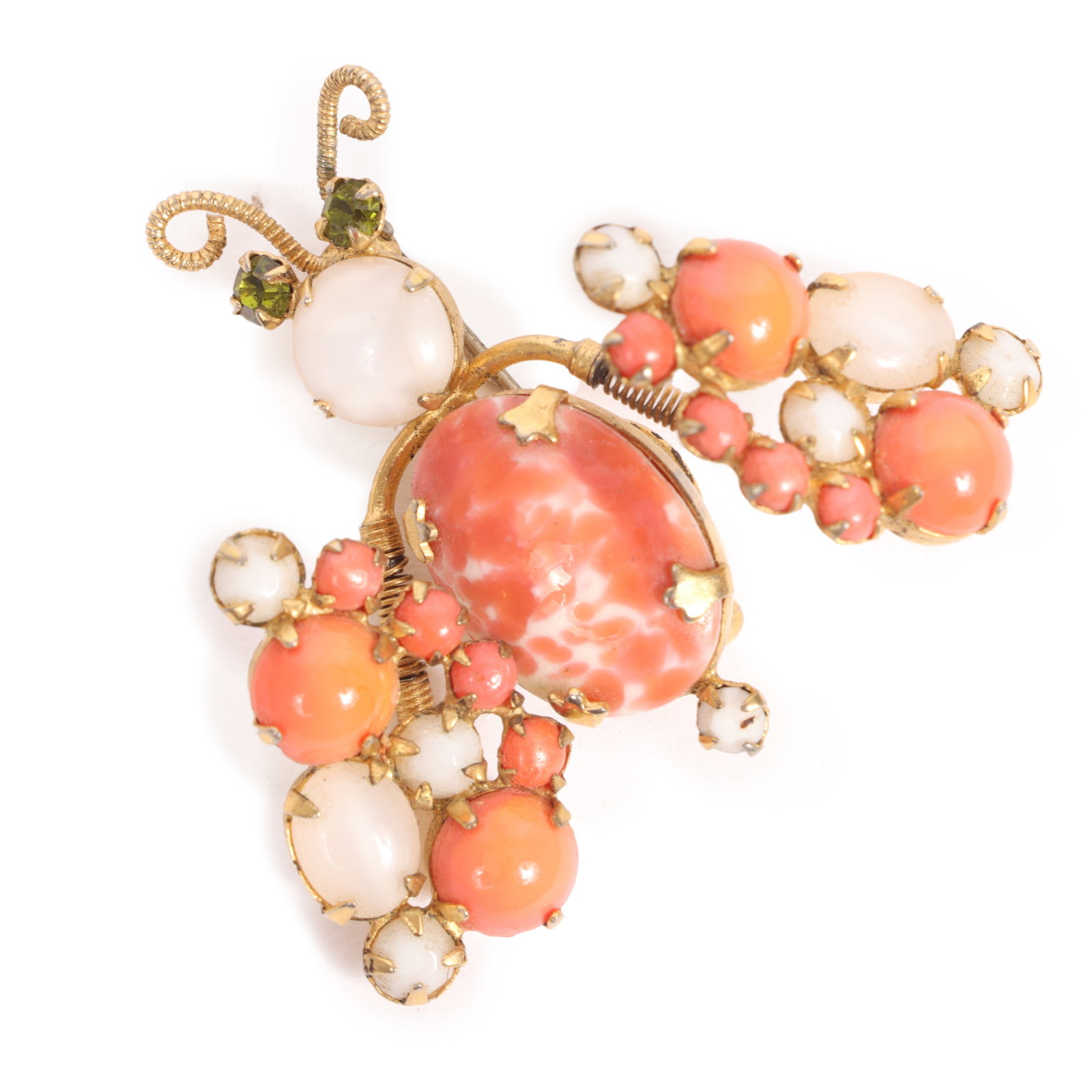 Schreiner NY figural bug pin with trembler wings, coral colored art glass cabochon jewels, and green (1 of 4)