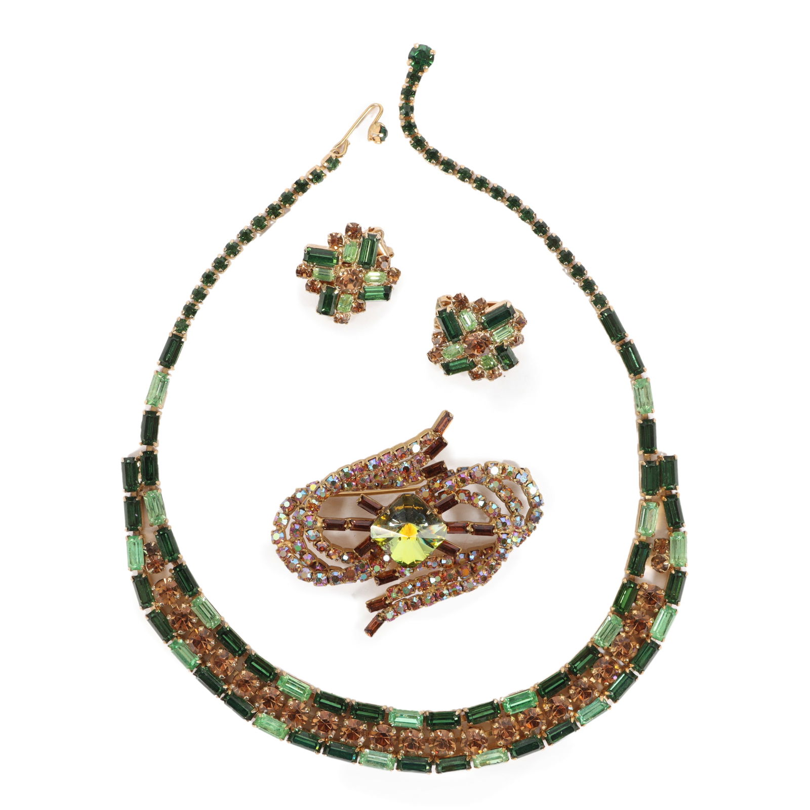 Hobe demi parure set with green and brown rhinestone necklace and matching earrings, with aurora (1 of 11)
